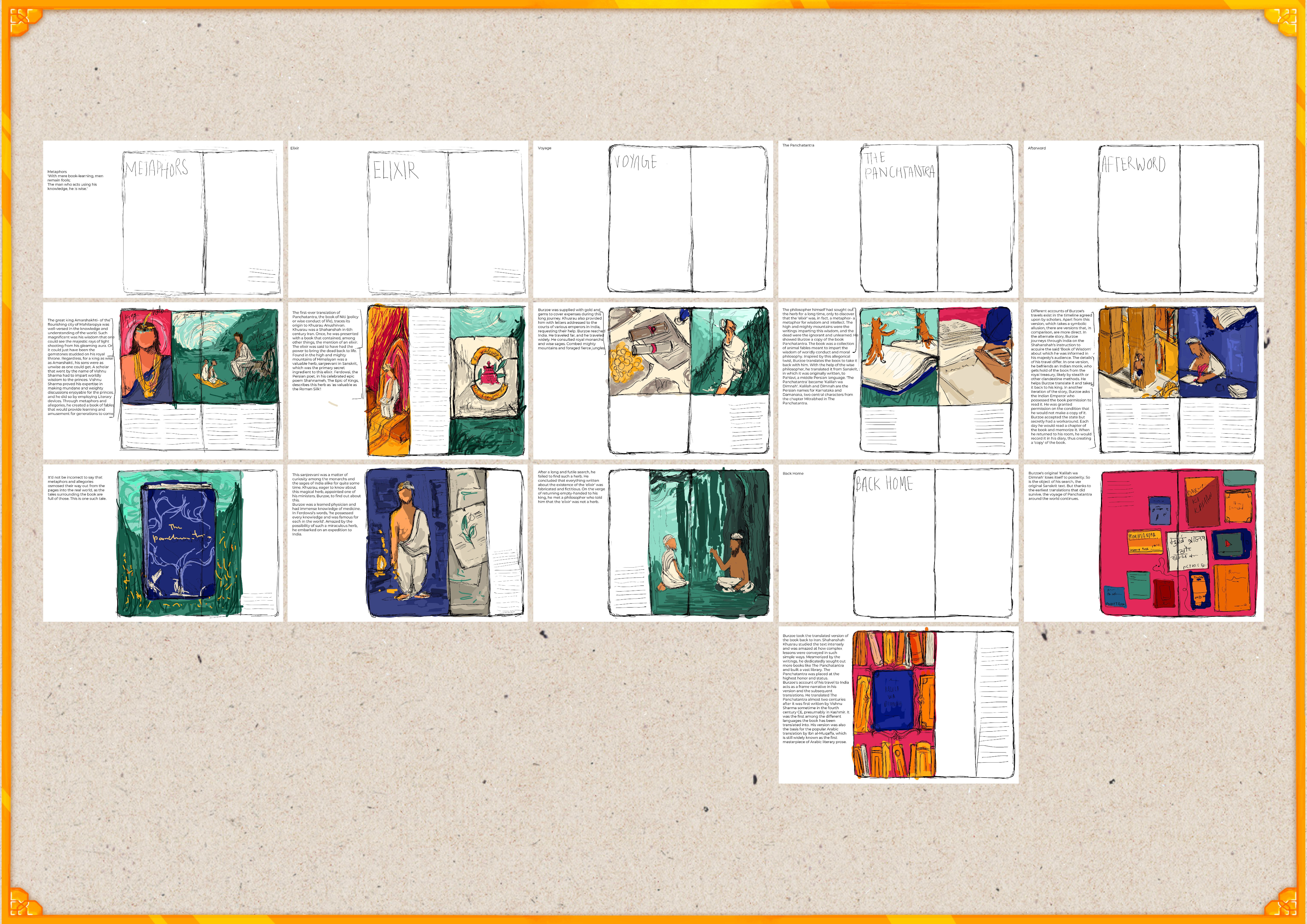 Storyboard and colour script thumbnails for The Translation zine