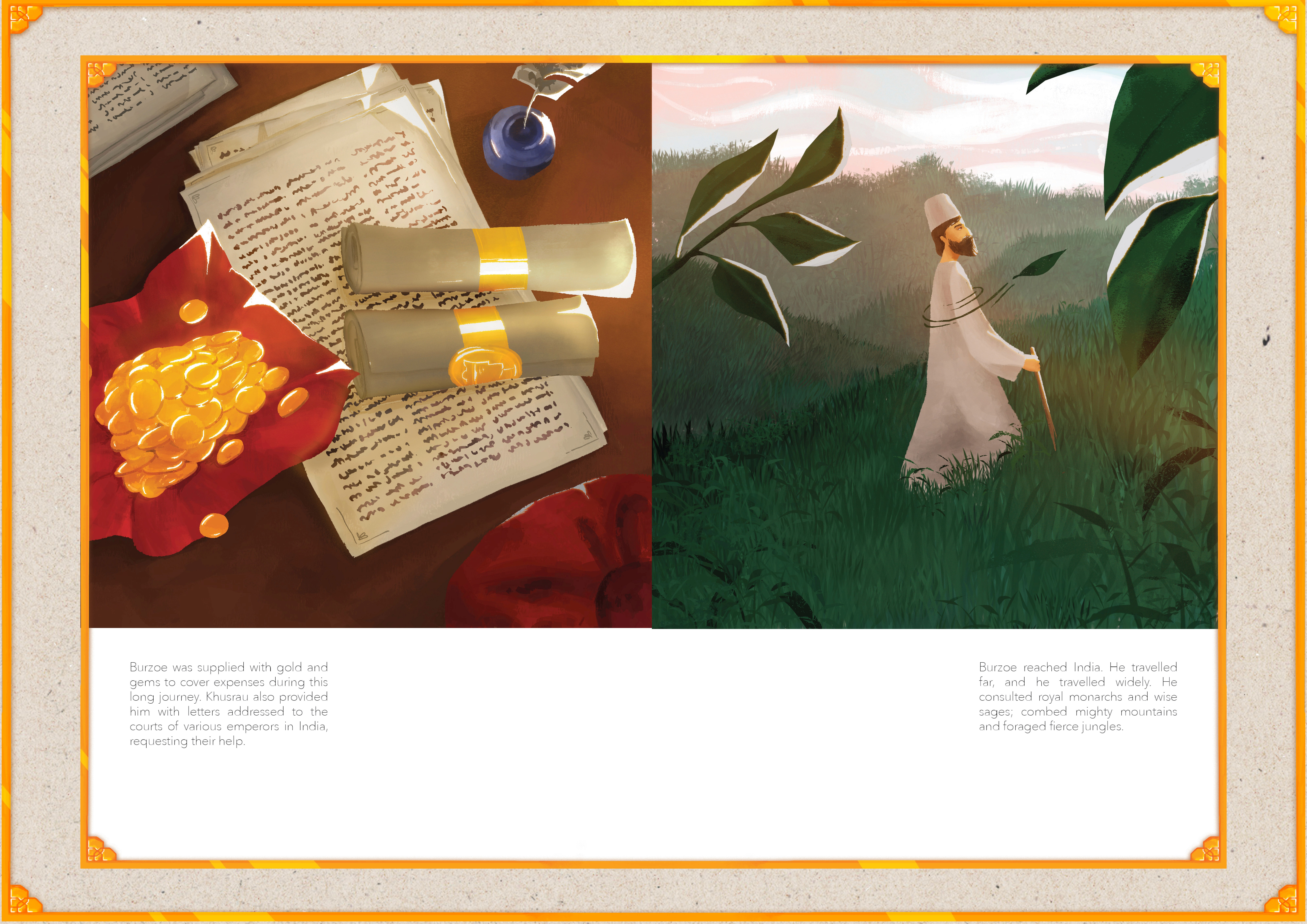 Zine spread of gold coins and scrolls, and a 6th-century Persian physician walking through a lush Indian garden