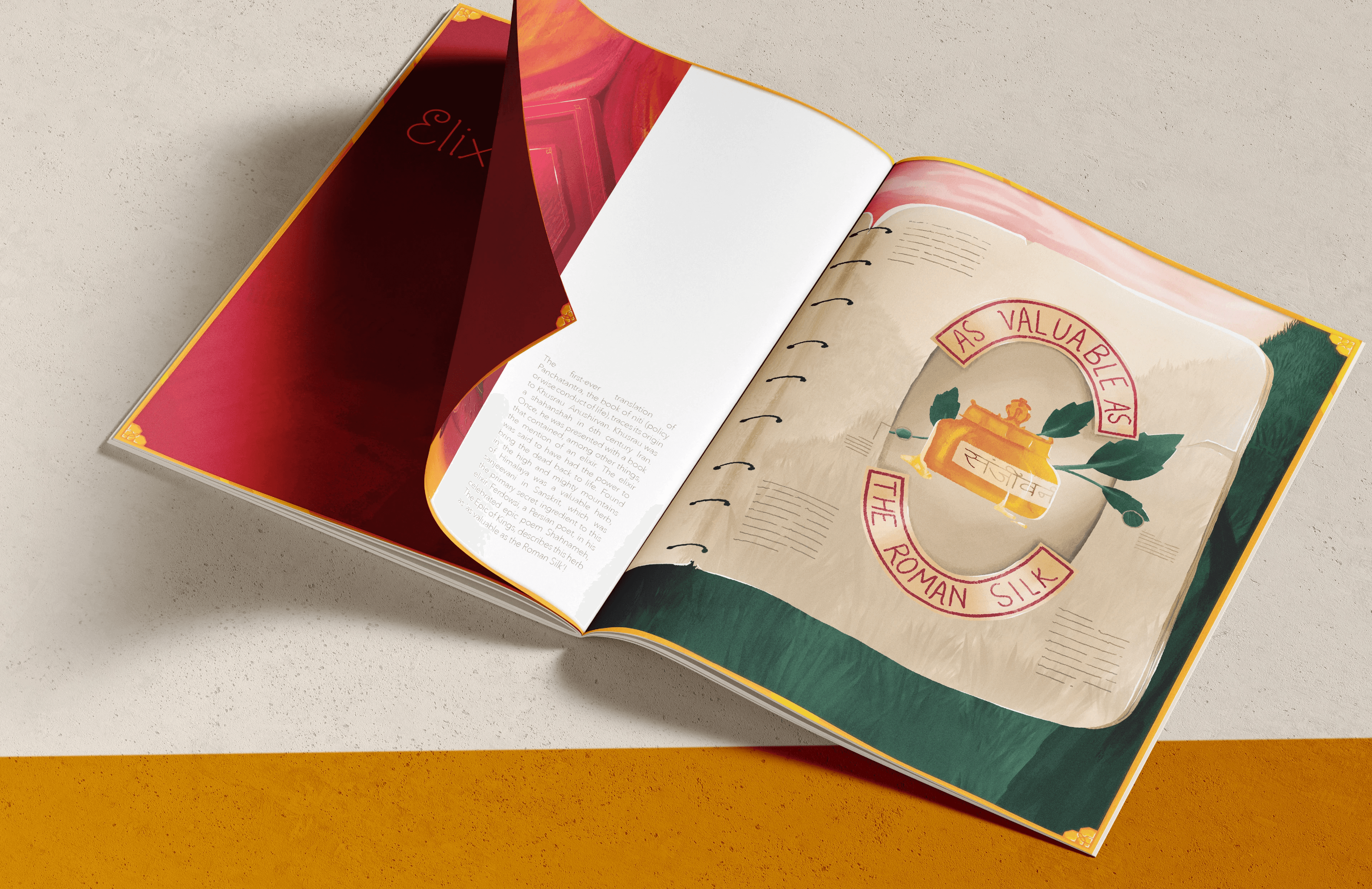 Open illustrated zine The Translation, about the first translation of the Panchatantra, with an oil lamp emblem reading As Valuable as Roman Silk