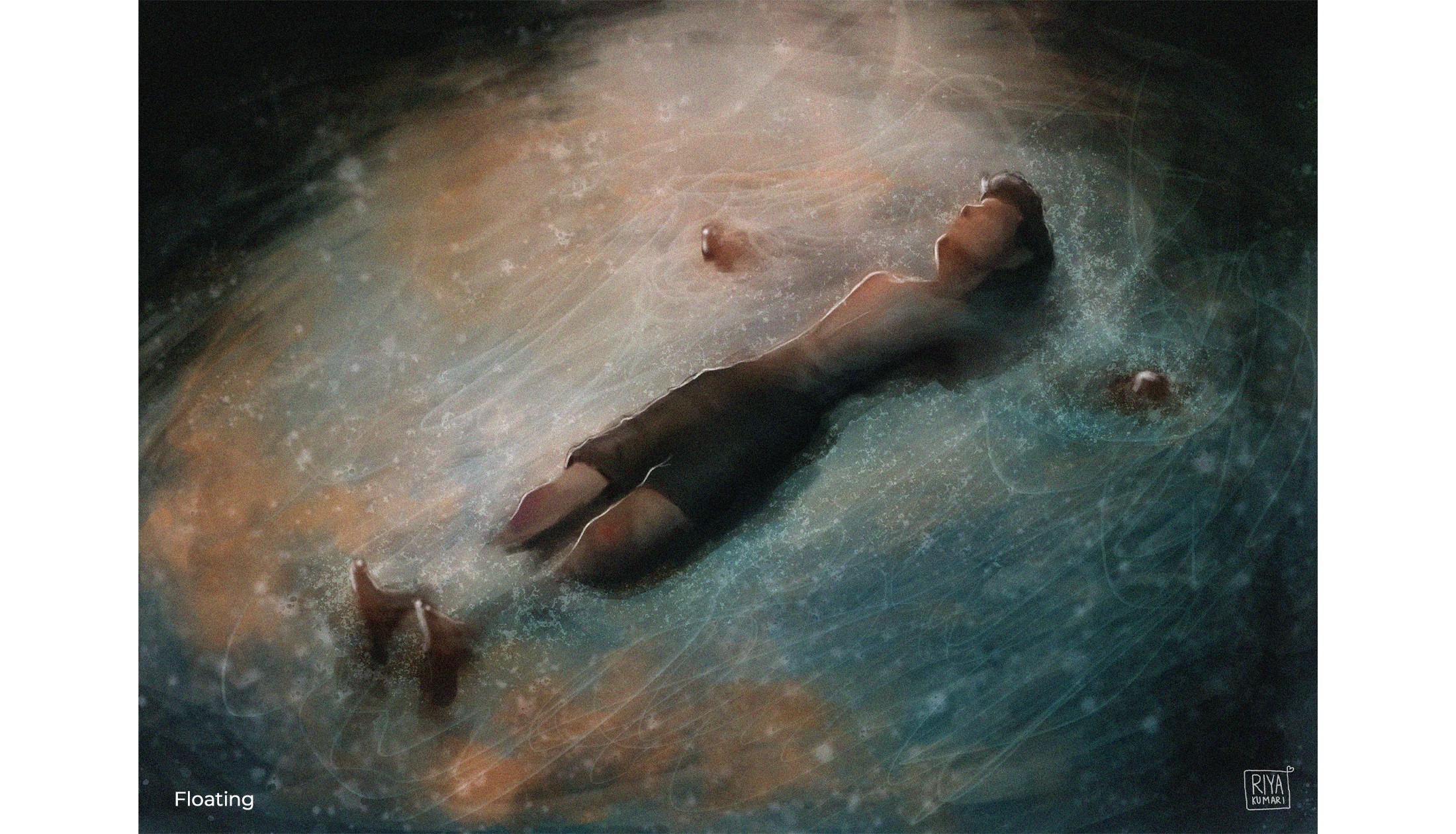 Digital painting of a figure floating in dark rippling water