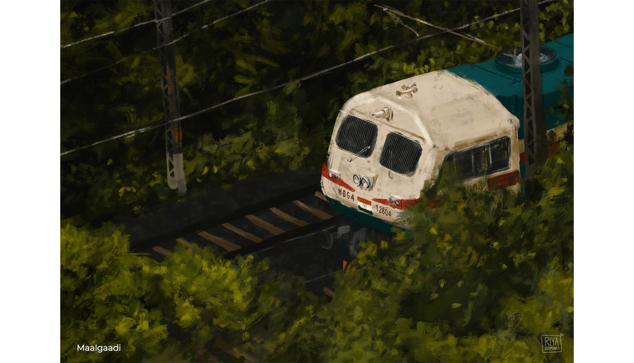 Digital painting of an Indian goods train, a maalgaadi, emerging from a forest under power lines