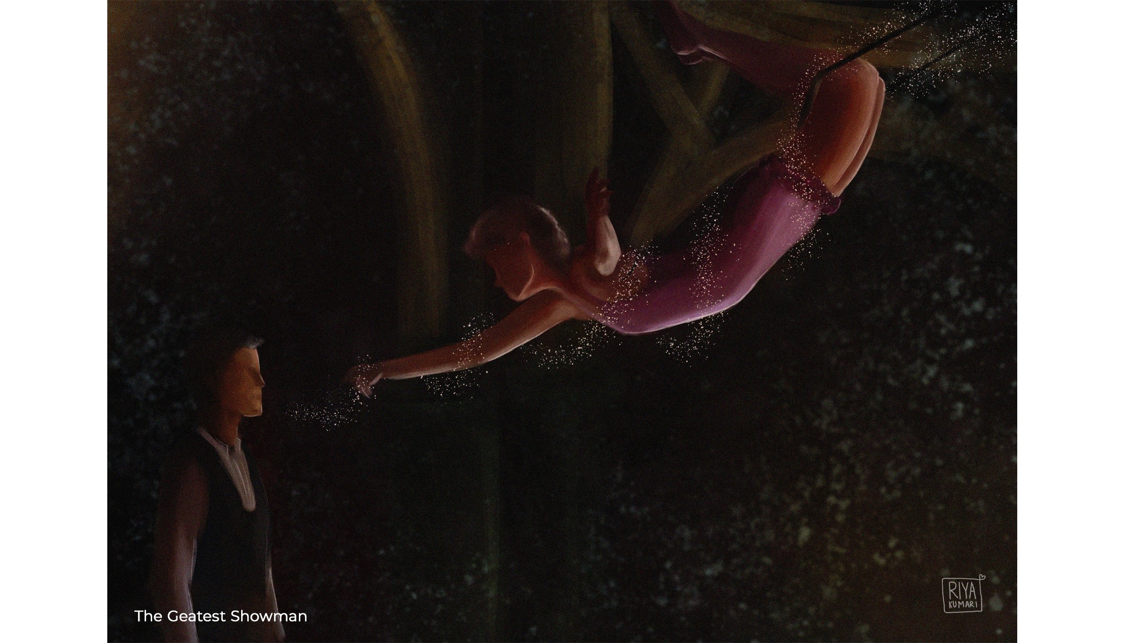 Digital painting from The Greatest Showman: a trapeze artist in pink swinging down to a man in the dark