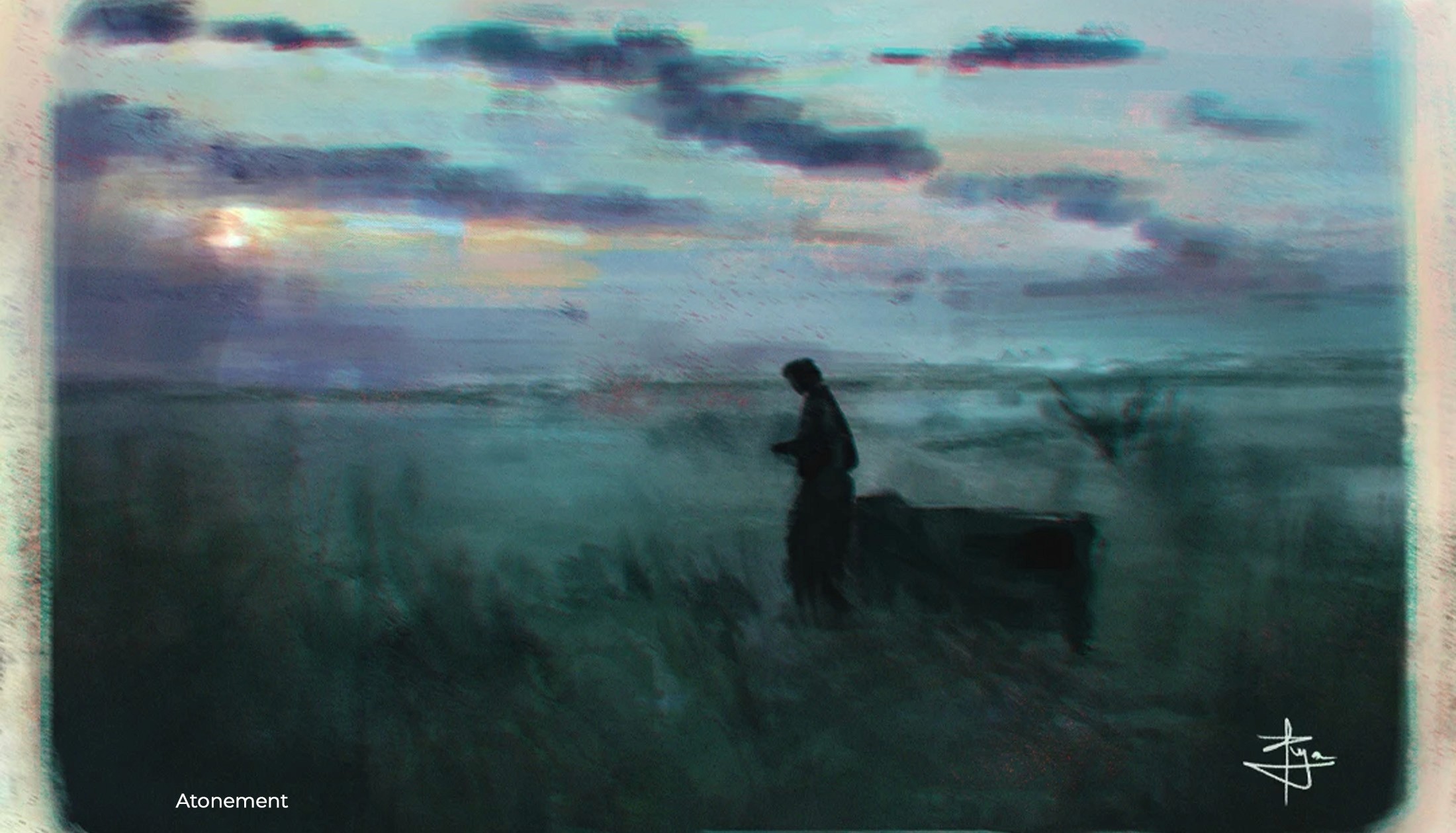 Digital painting from Atonement: a lone figure in a misty blue field at dawn