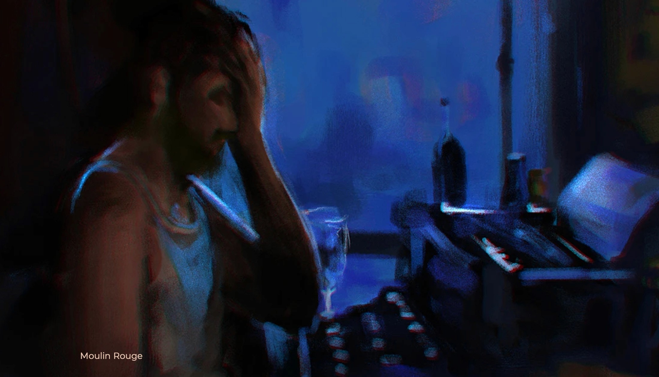 Digital painting from Moulin Rouge: a man with his head in his hands at a typewriter, lit in deep blue