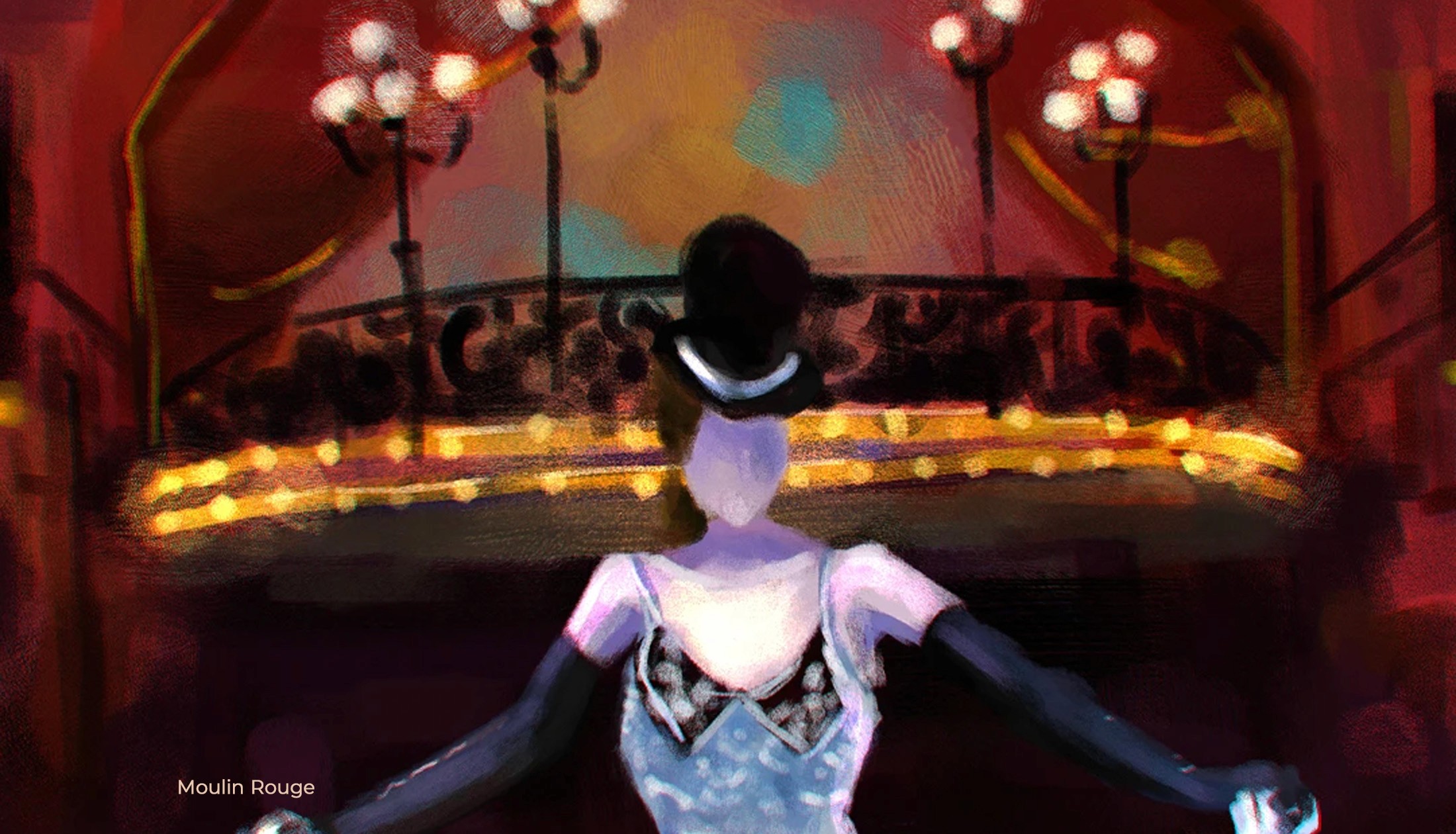 Digital painting from Moulin Rouge: a dancer with outstretched arms facing the glowing red stage