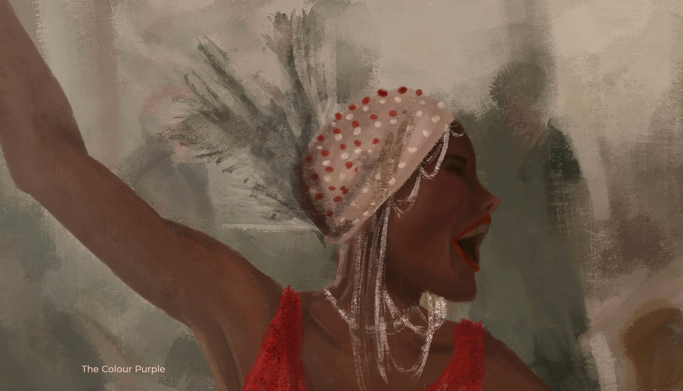Digital painting from The Color Purple: a joyful woman in a beaded headpiece with her arm raised