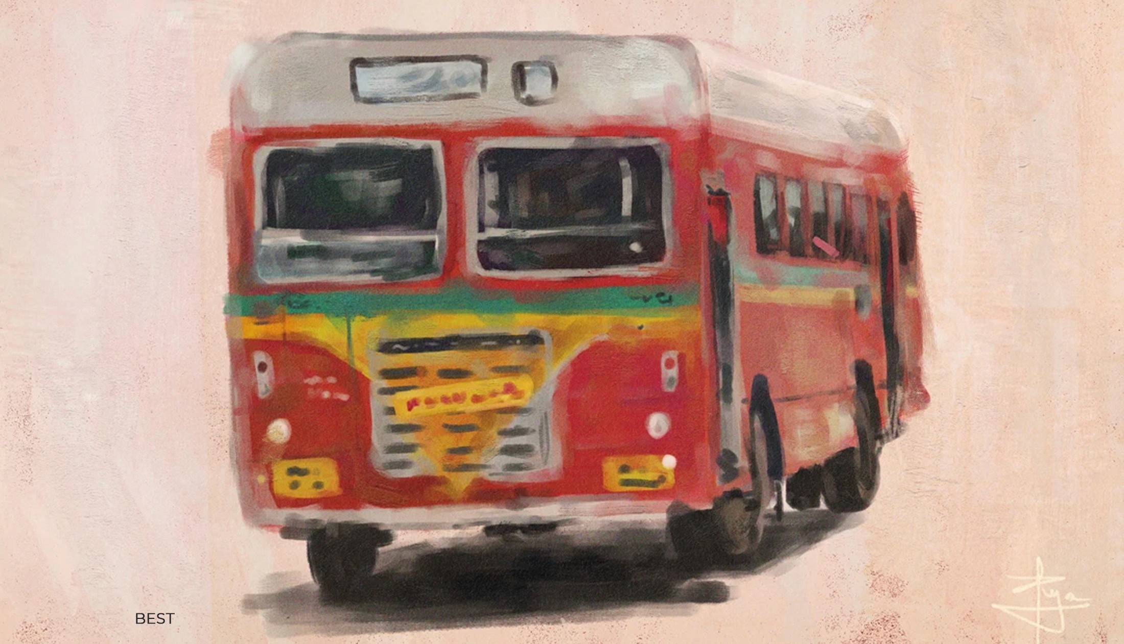 Digital painting of a red Mumbai BEST bus