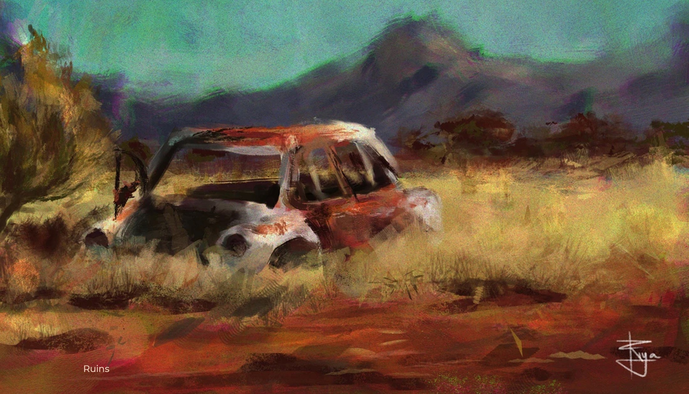Digital painting of a rusted abandoned car in dry golden grass beneath a mountain