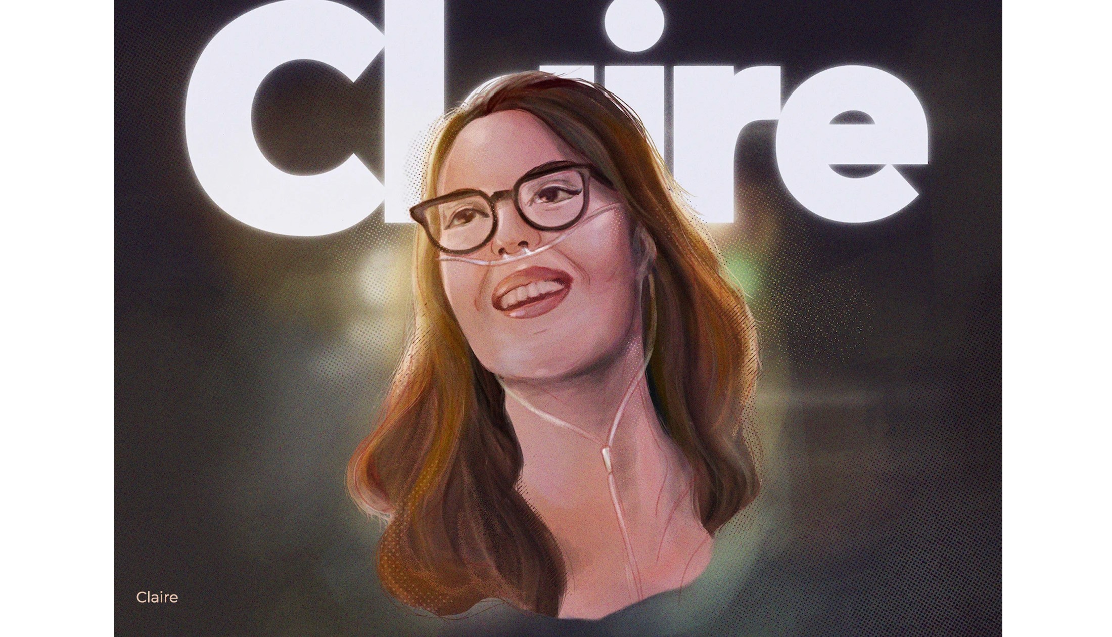 Digital portrait painting of a smiling woman in glasses in front of the word Claire