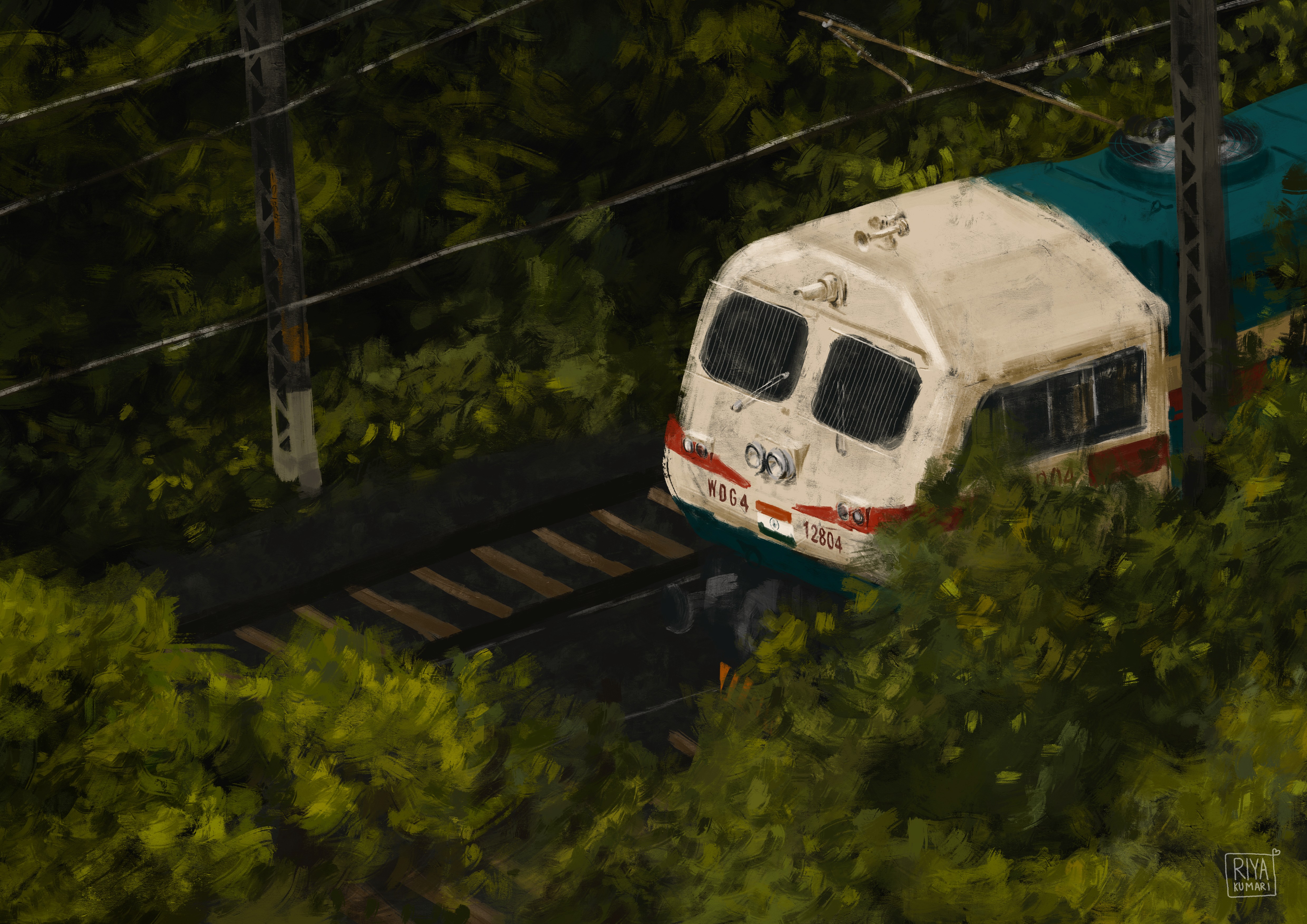 Digital painting by Riya Kumari of a white and red Indian goods train passing through dense green forest