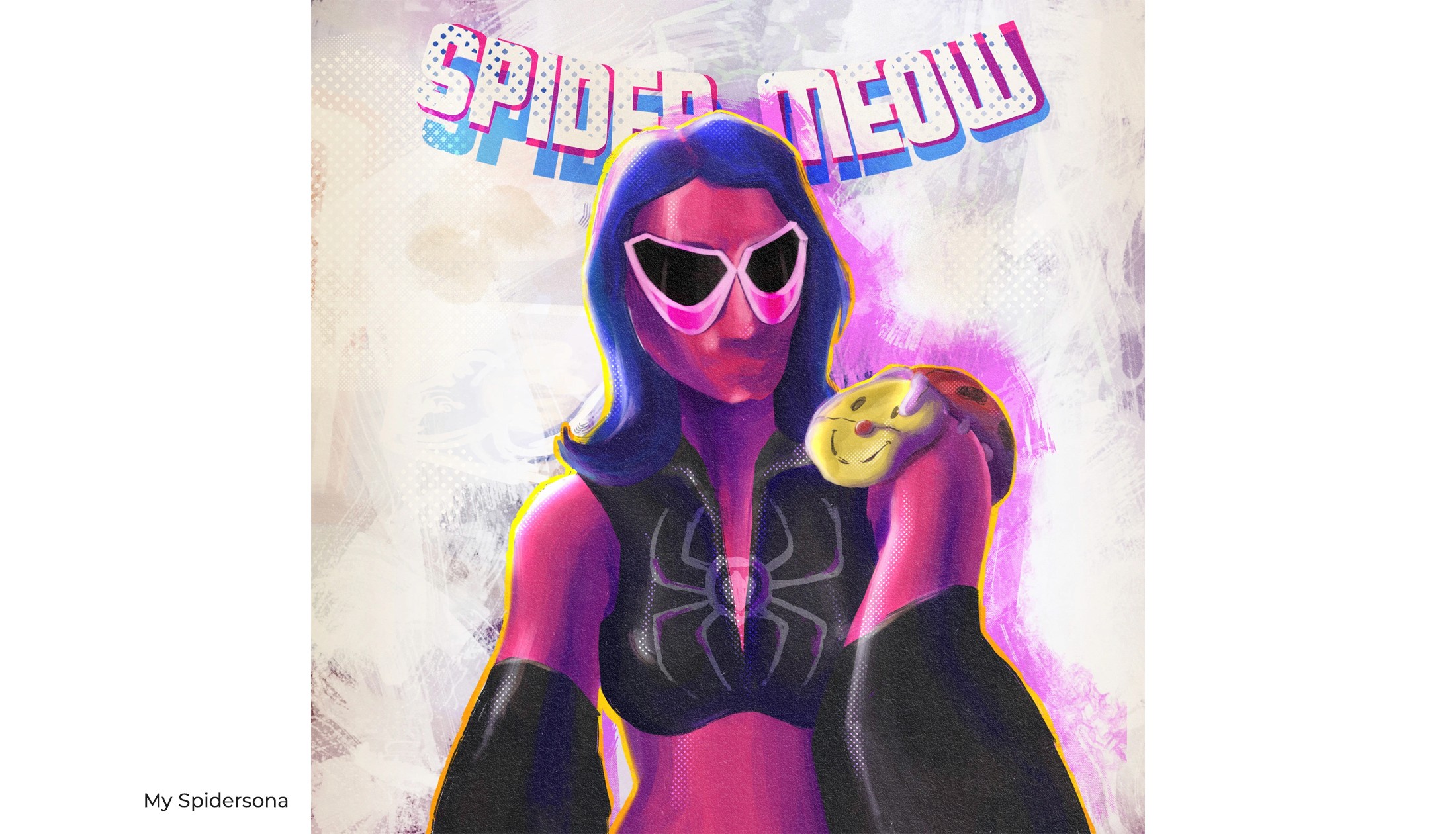 Spider-Meow, Riya Kumari's spidersona: a digital painting of a cat-eyed superhero in pink and purple