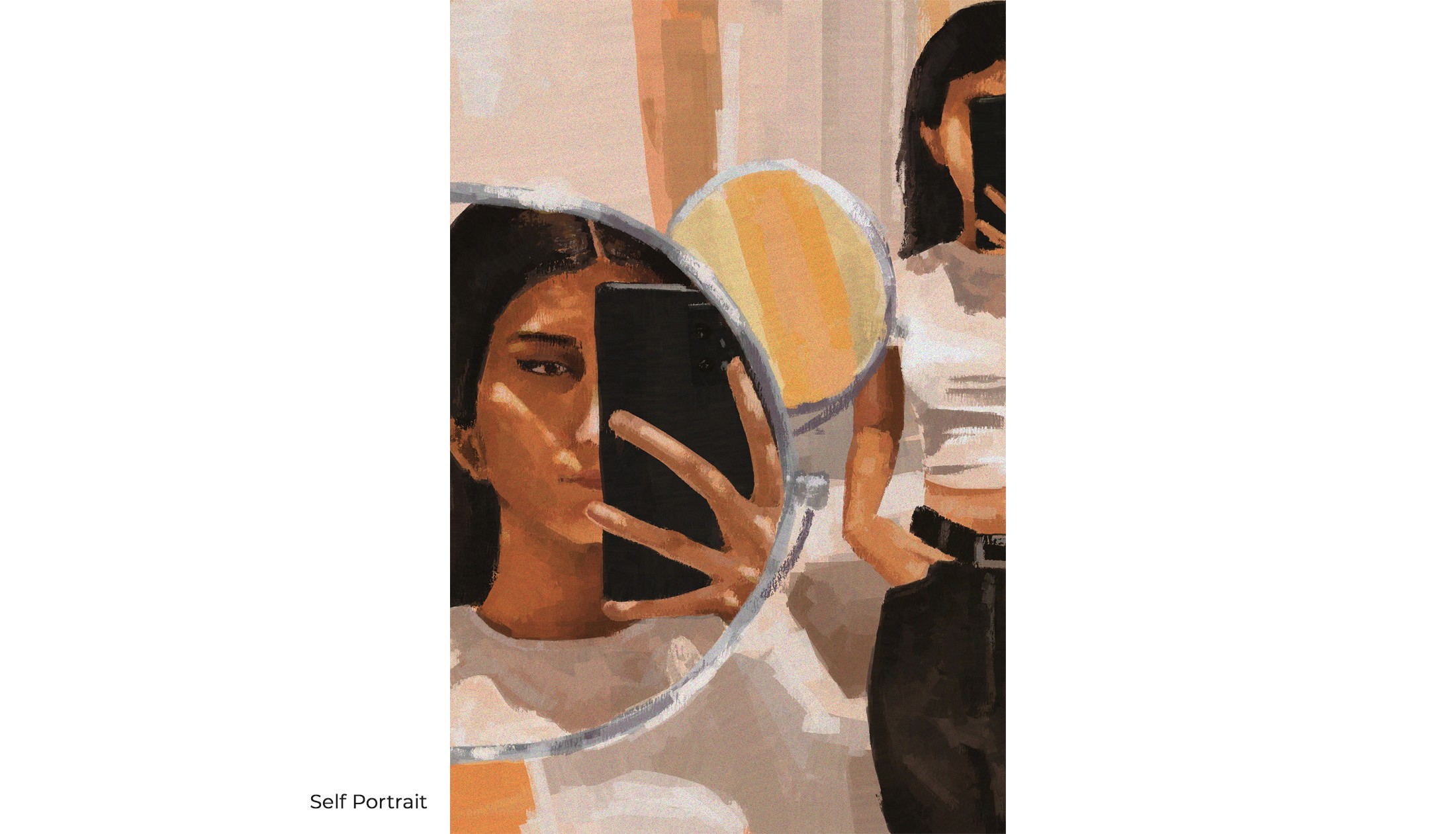Digital self-portrait painting of the artist taking a mirror selfie