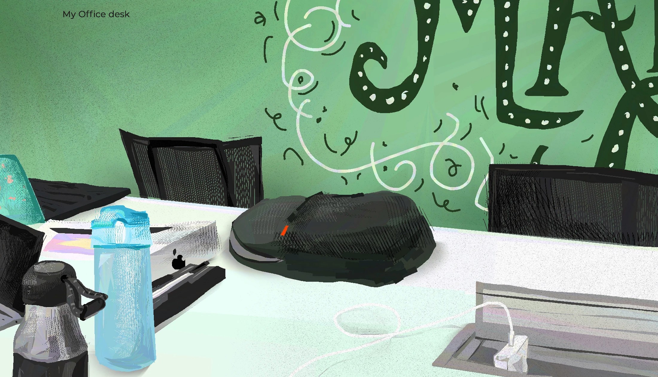 Digital painting of an office desk with a blue water bottle, a laptop and a black backpack