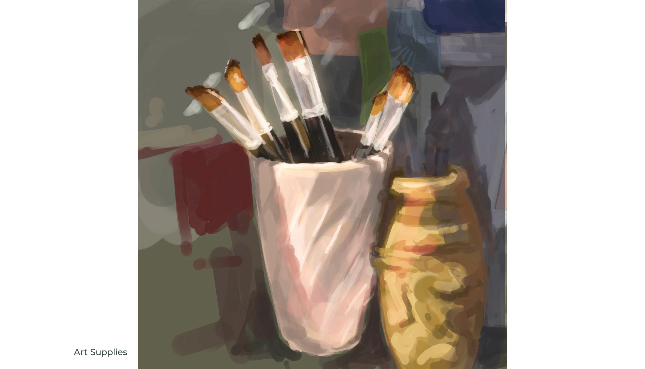 Digital painting of paintbrushes in a white cup beside a gold vase