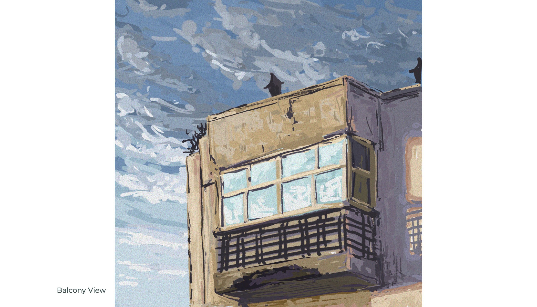 Digital painting of an old Mumbai apartment balcony against a cloudy blue sky