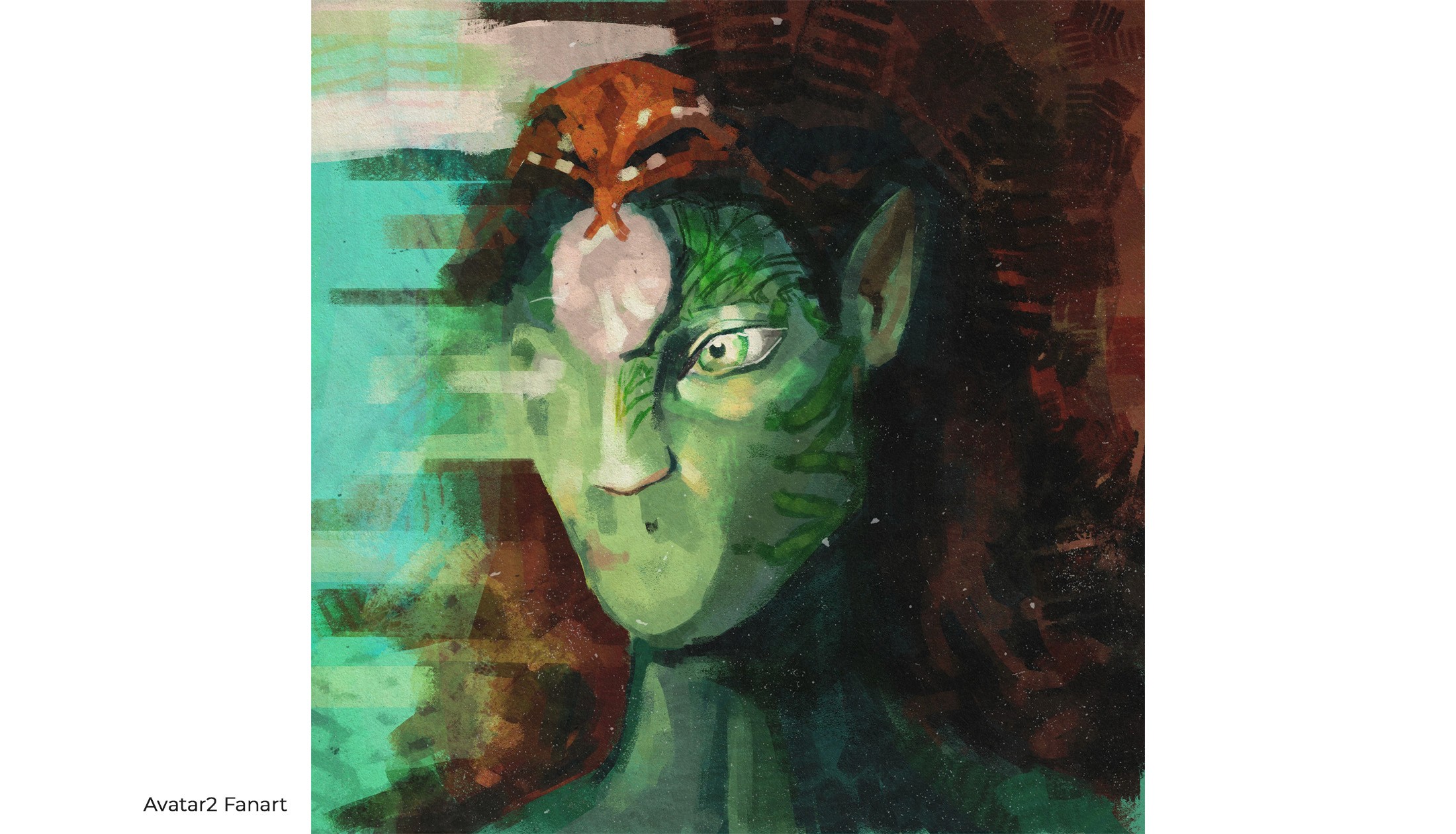 Avatar: The Way of Water fan art: a digital painting of a green-skinned Na'vi woman with glitchy brushwork
