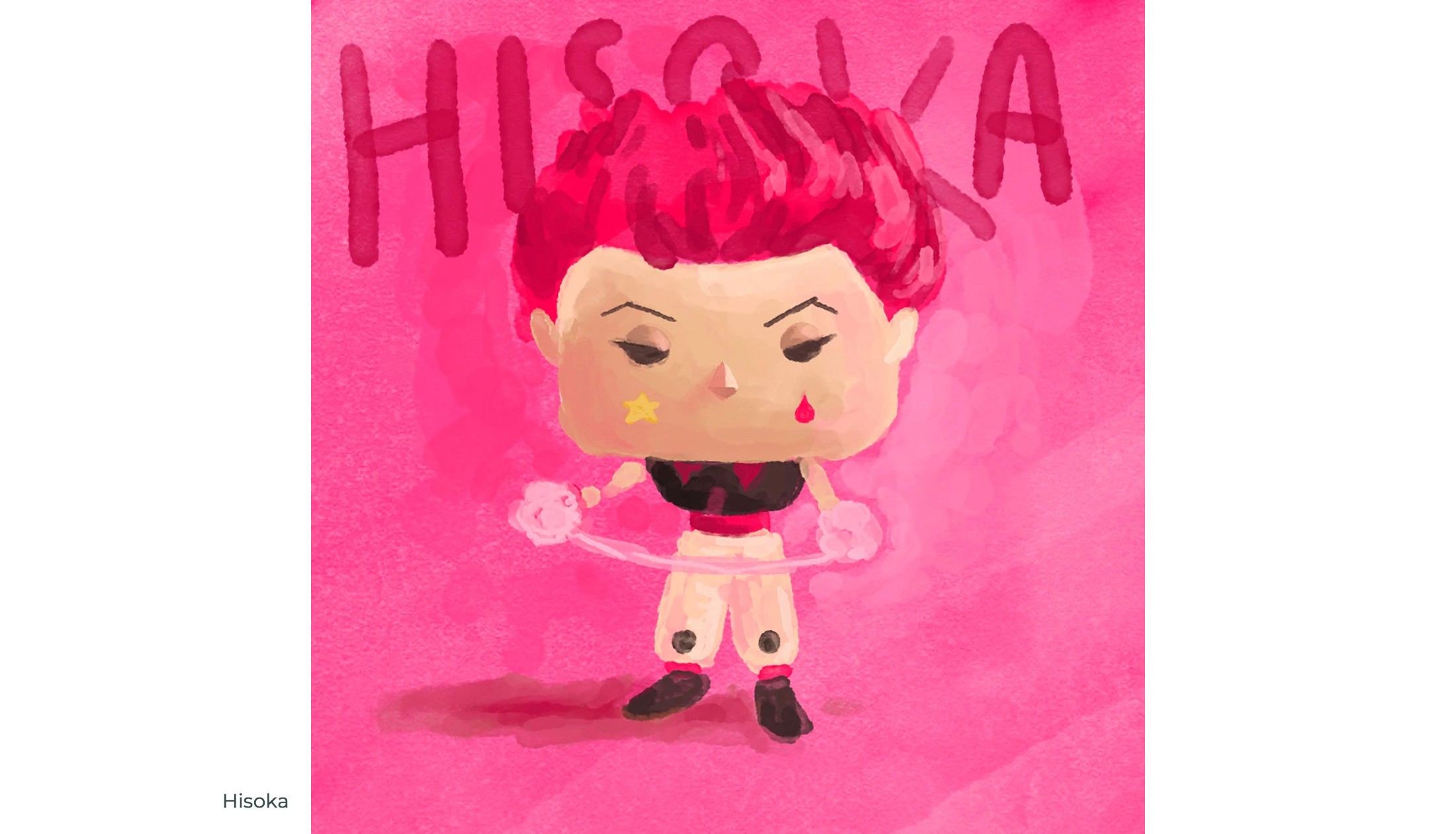 Digital painting of Hisoka from Hunter x Hunter as a cute vinyl figure on a hot pink background