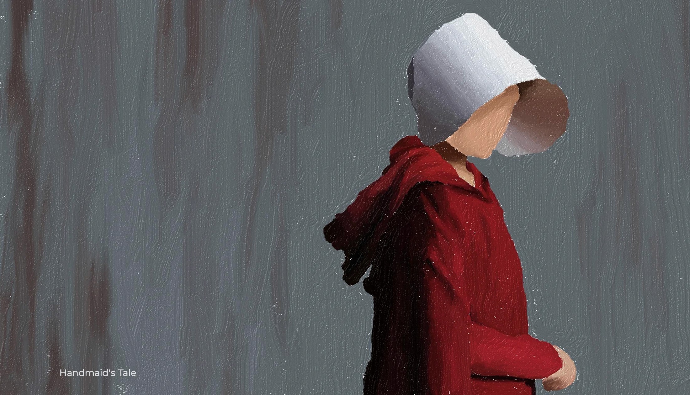 Digital painting of a handmaid in a red cloak and white bonnet, from The Handmaid's Tale