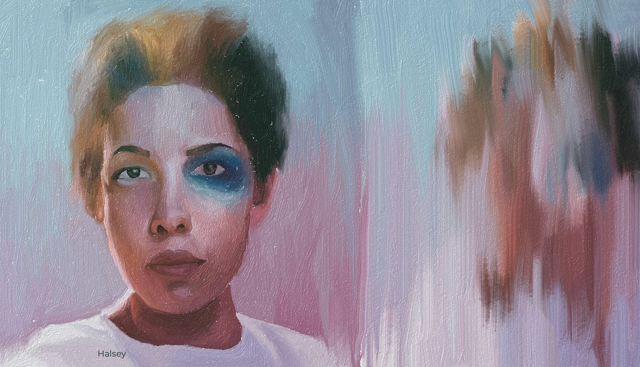 Painterly portrait of singer Halsey with blue eyeshadow and blurred brushstrokes