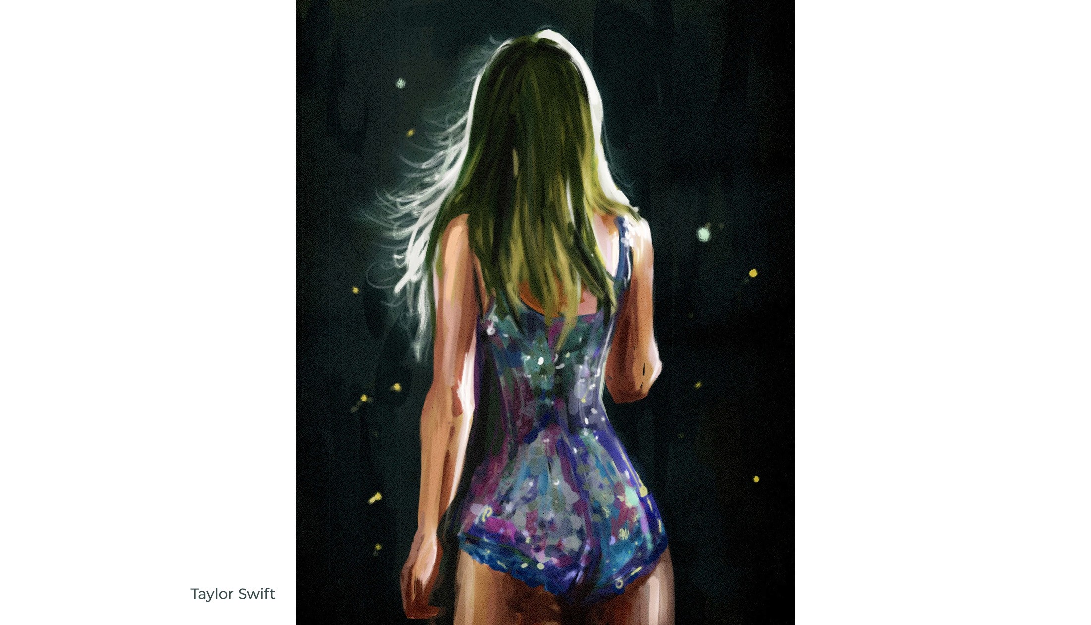 Digital painting of Taylor Swift from behind in a sparkling bodysuit, on stage in the dark