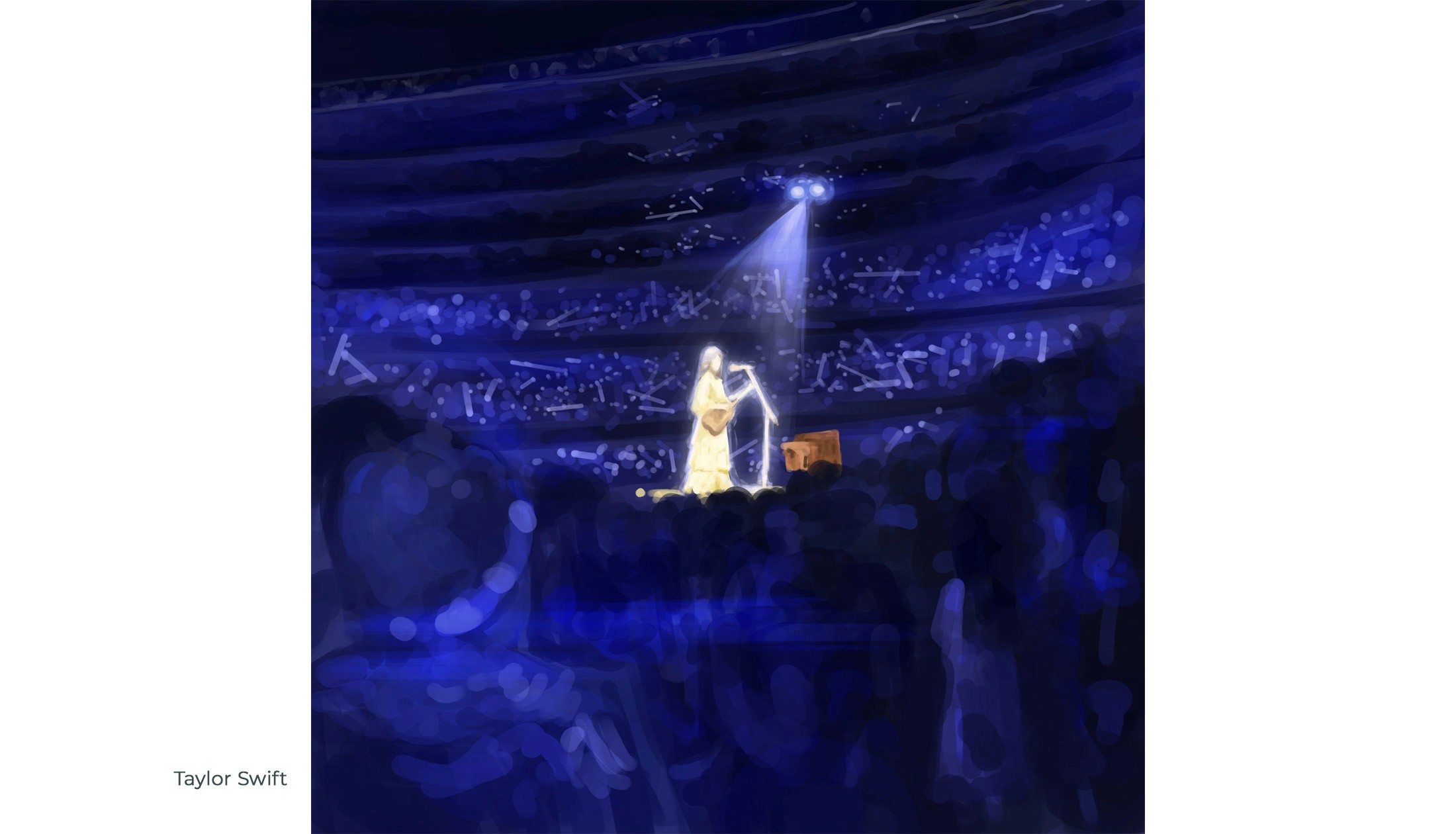 Digital painting of Taylor Swift performing alone under a spotlight to a sea of blue stadium lights