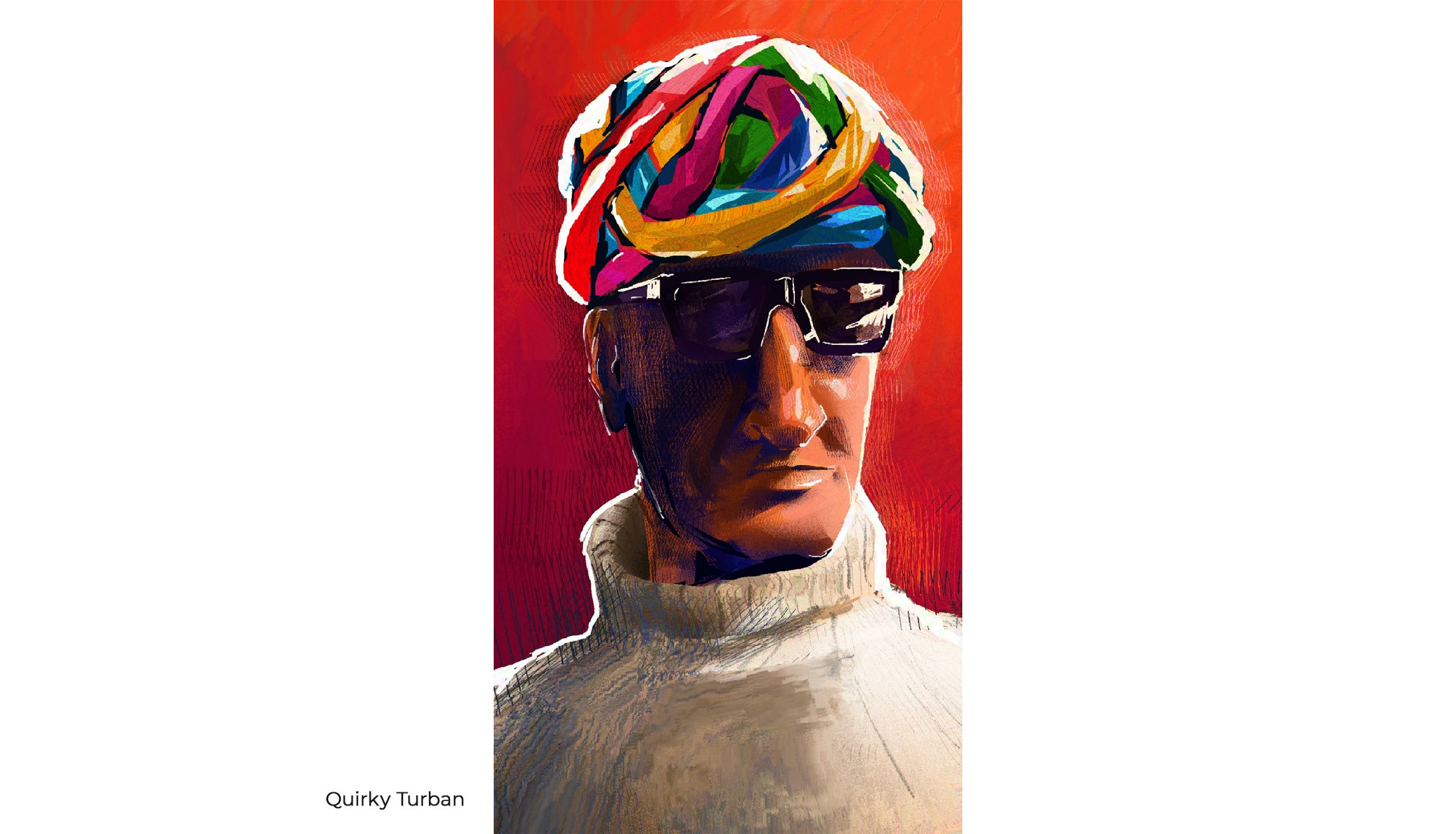 Quirky Turban: digital portrait of a man in a multicoloured turban, dark glasses and a white turtleneck on red