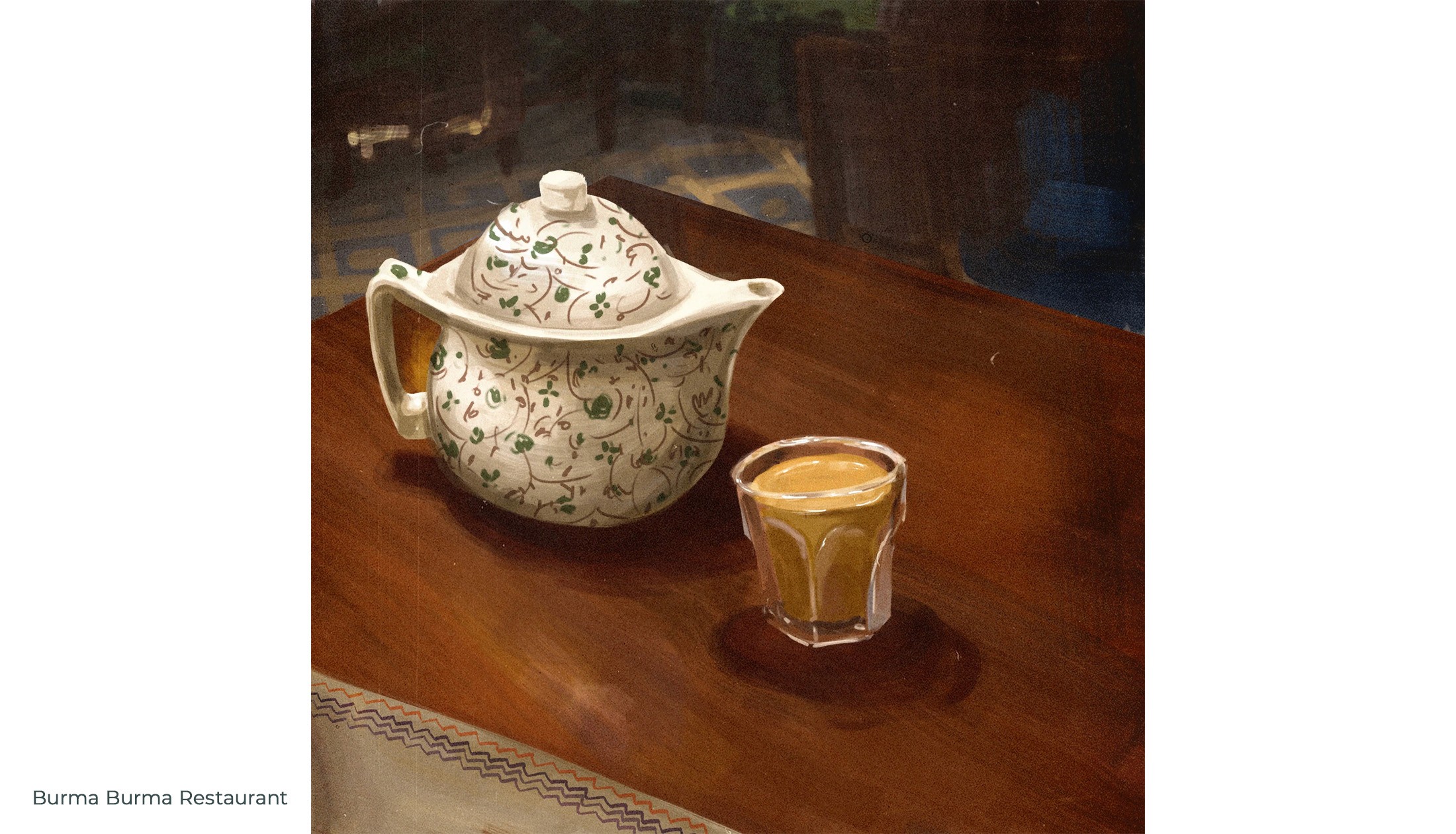Digital painting of a patterned teapot and a glass of chai on a wooden table at Burma Burma restaurant