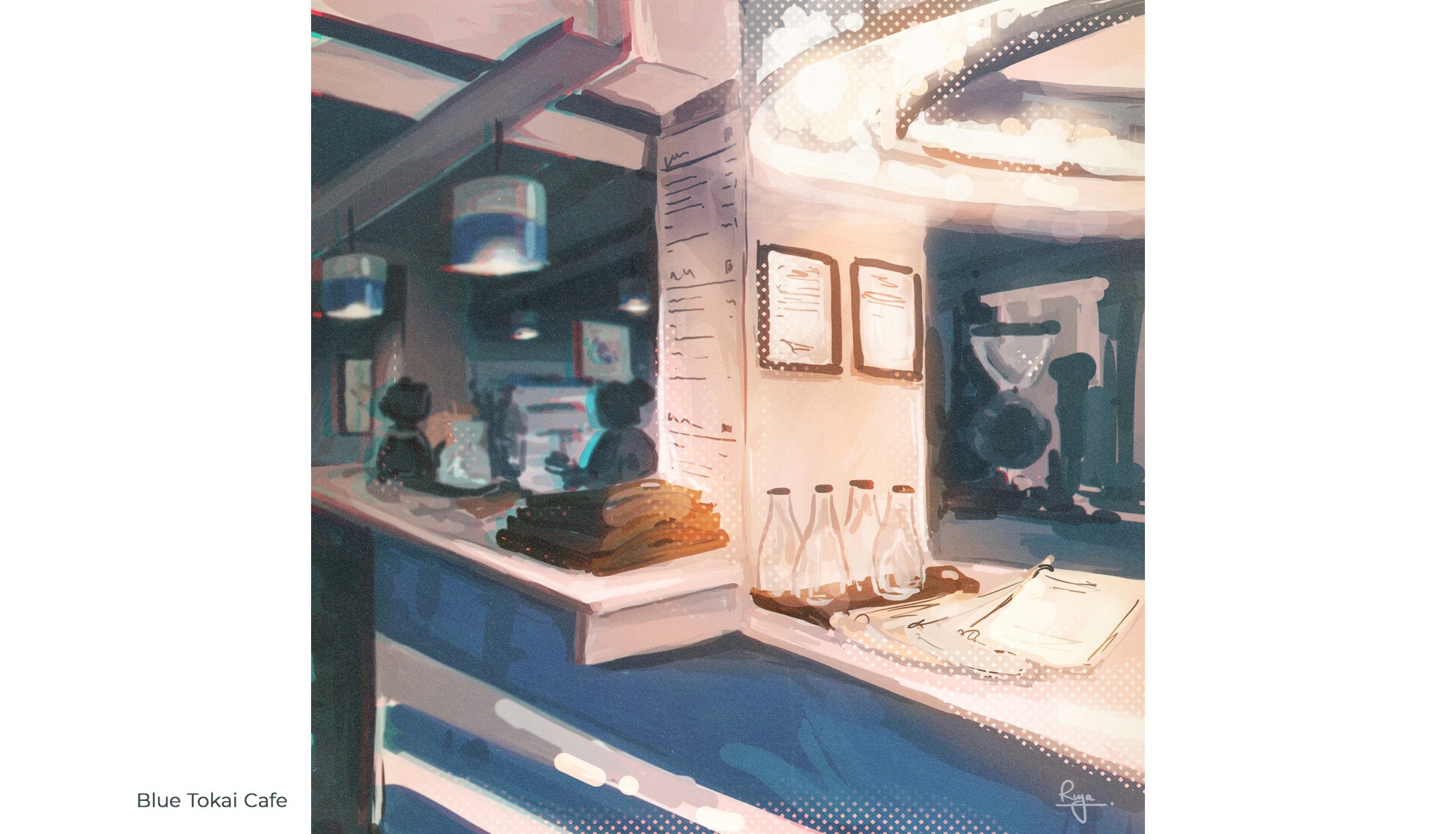 Digital painting of the counter at Blue Tokai café with glass bottles and warm light