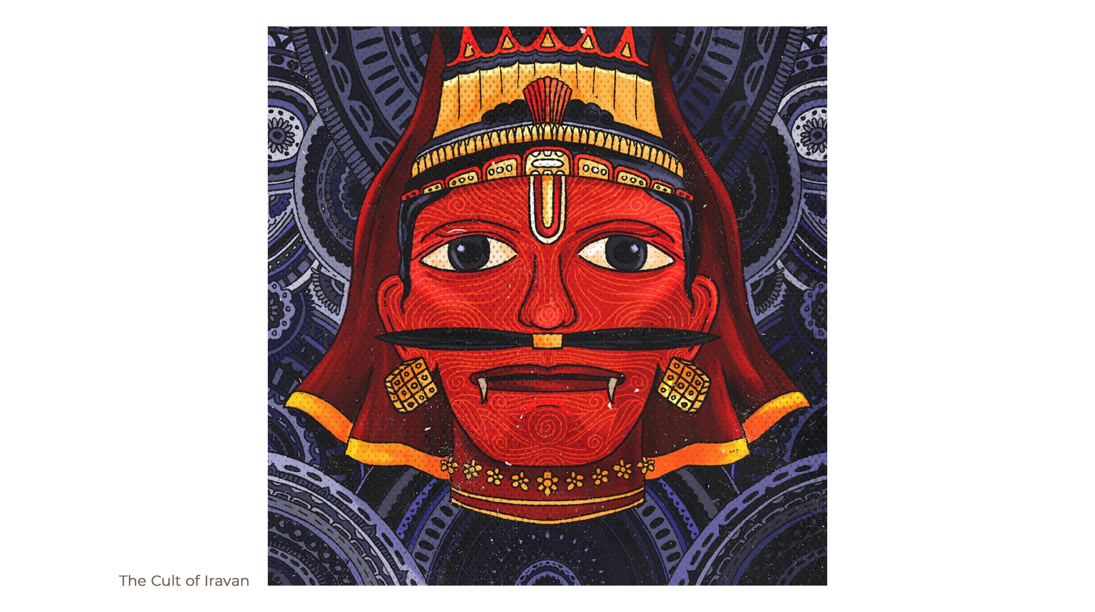 Illustration of a red-faced Ravana mask with a golden crown on an indigo mandala, from The Cult of Ravan