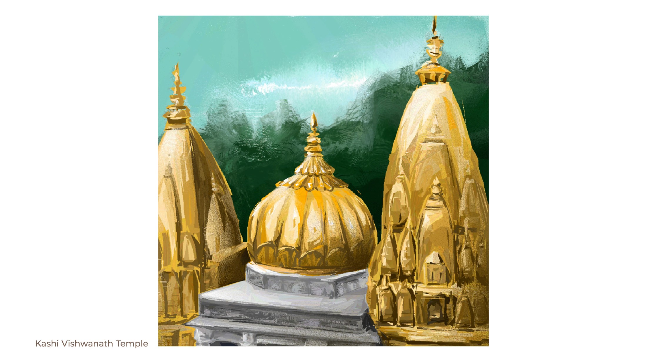 Illustration of the gold-plated domes and spires of the Kashi Vishwanath Temple