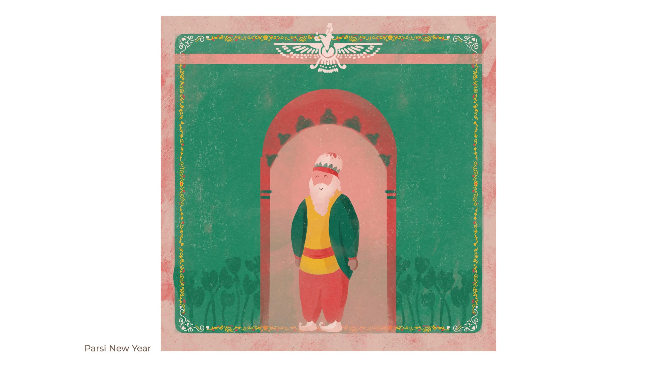 Parsi New Year illustration of an elderly Parsi man in a doorway framed in pink and green
