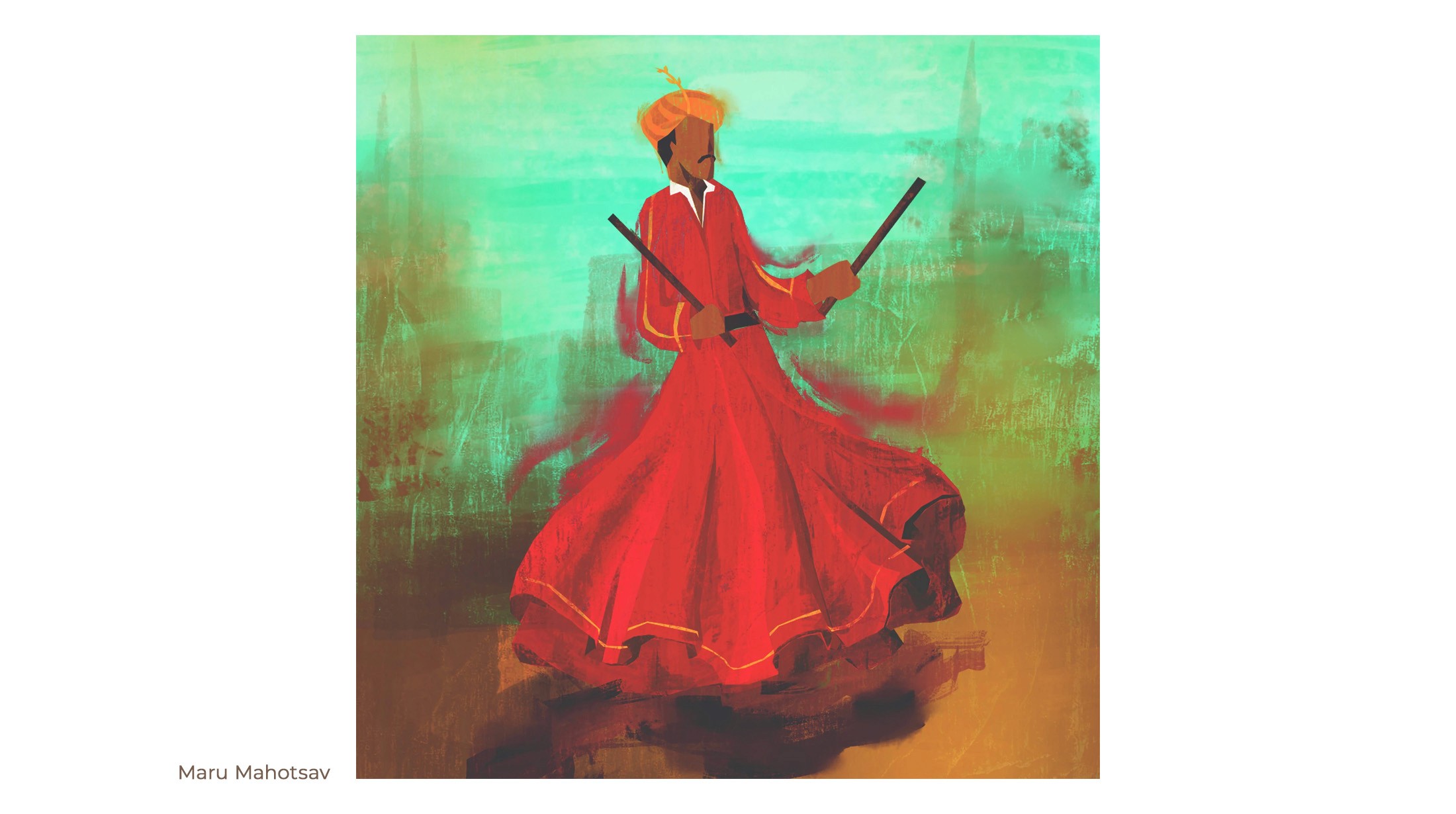 Maru Mahotsav illustration of a Rajasthani dancer in a swirling red outfit holding sticks, in the desert