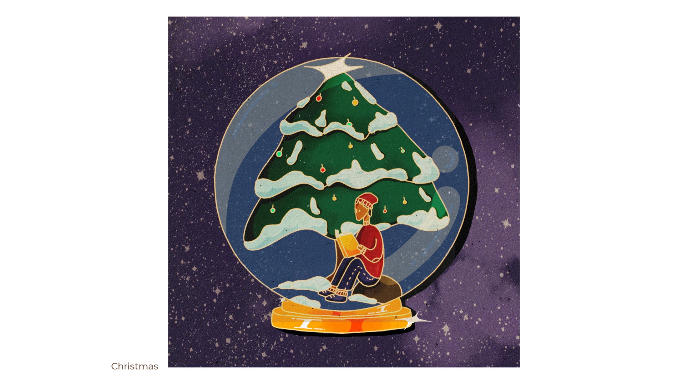 Christmas illustration of a boy reading under a snowy tree inside a snow globe