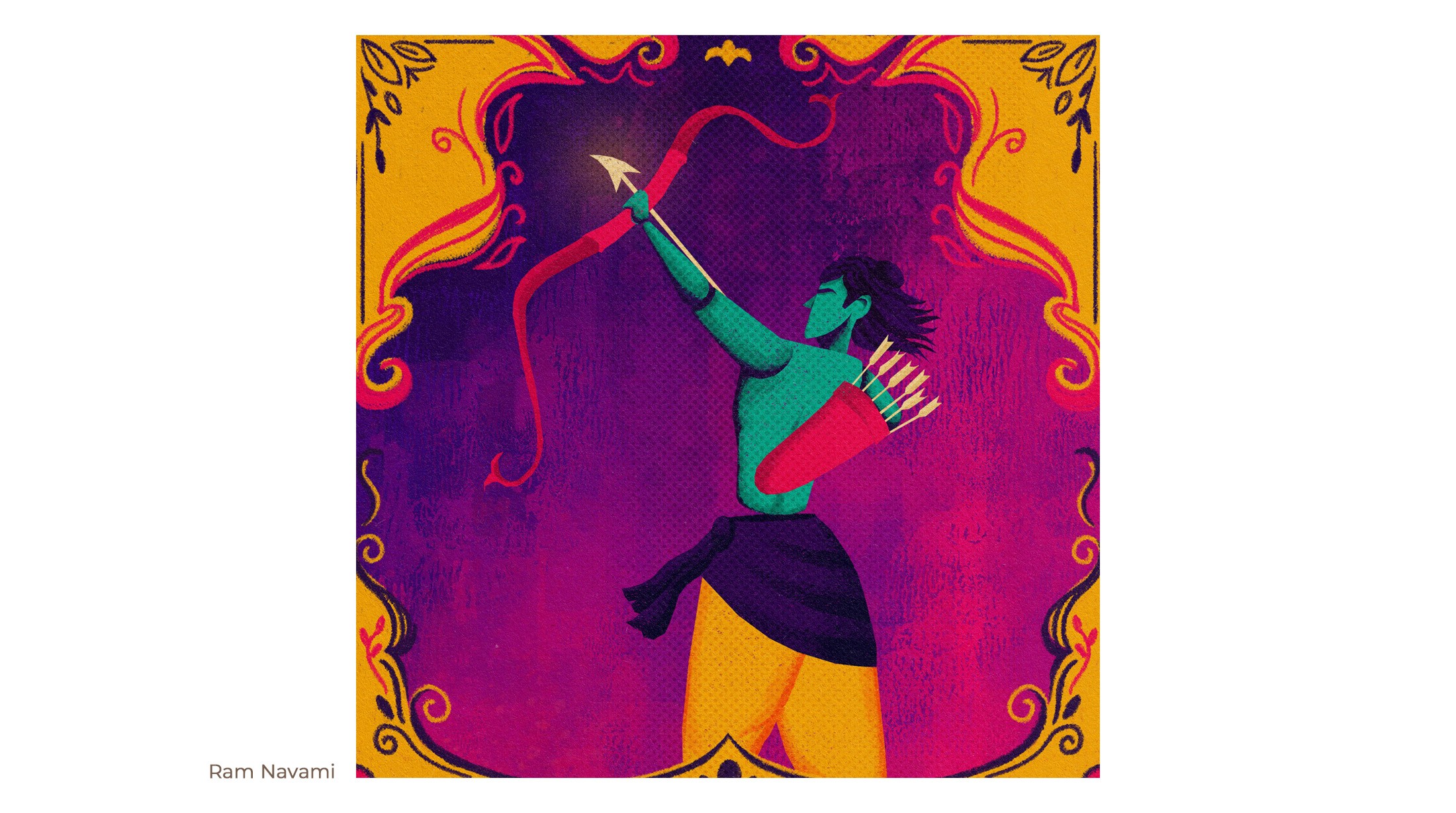 Ram Navami illustration of Lord Rama drawing his bow, in teal, purple and marigold