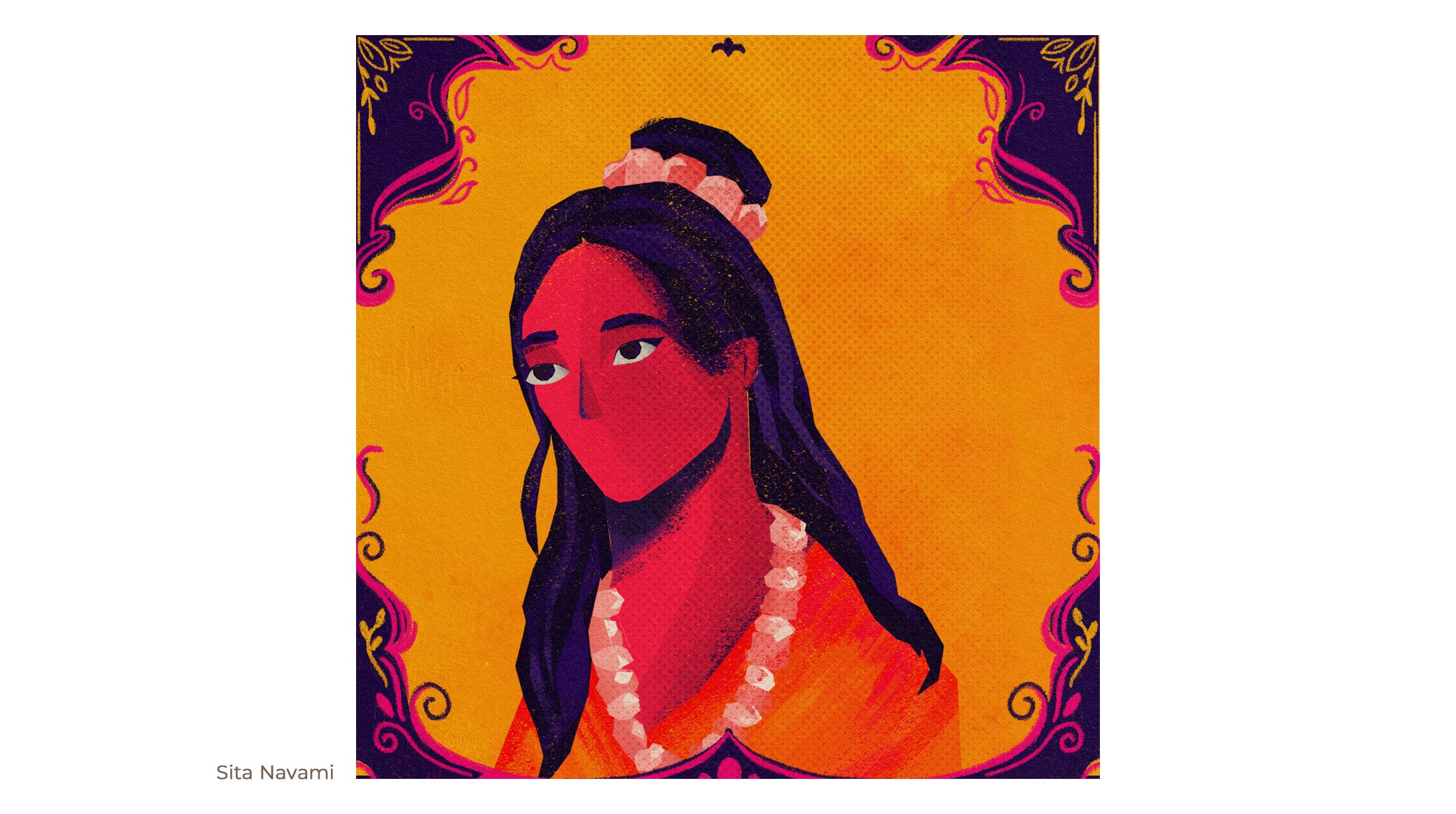 Sita Navami illustration of Sita with flowers in her hair inside an ornate orange frame