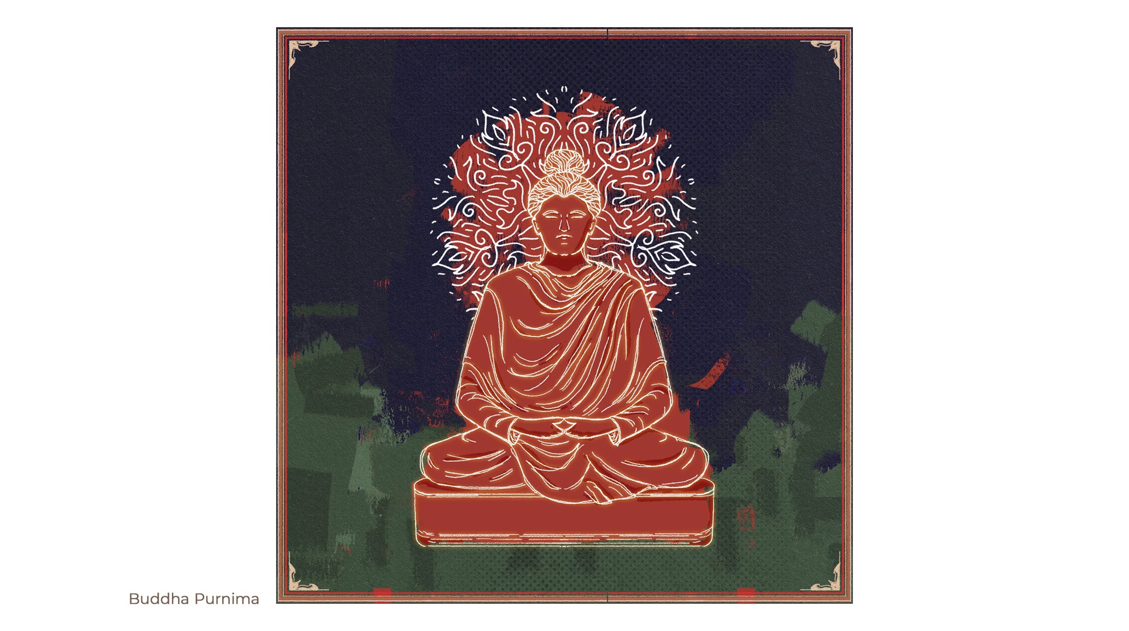 Buddha Purnima illustration of the Buddha meditating under a radiant halo of leaves
