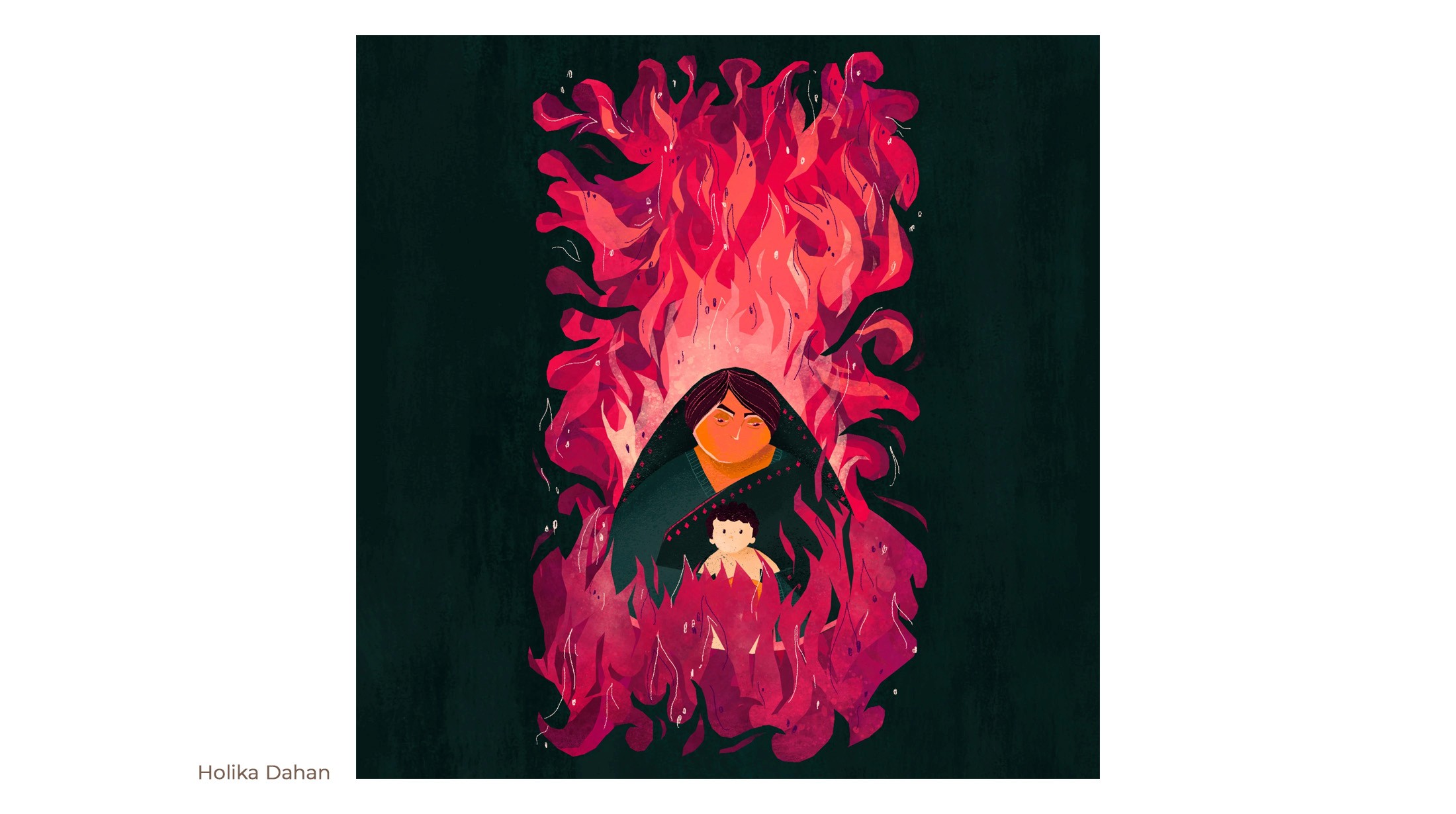 Holika Dahan illustration of a woman surrounded by pink and red flames