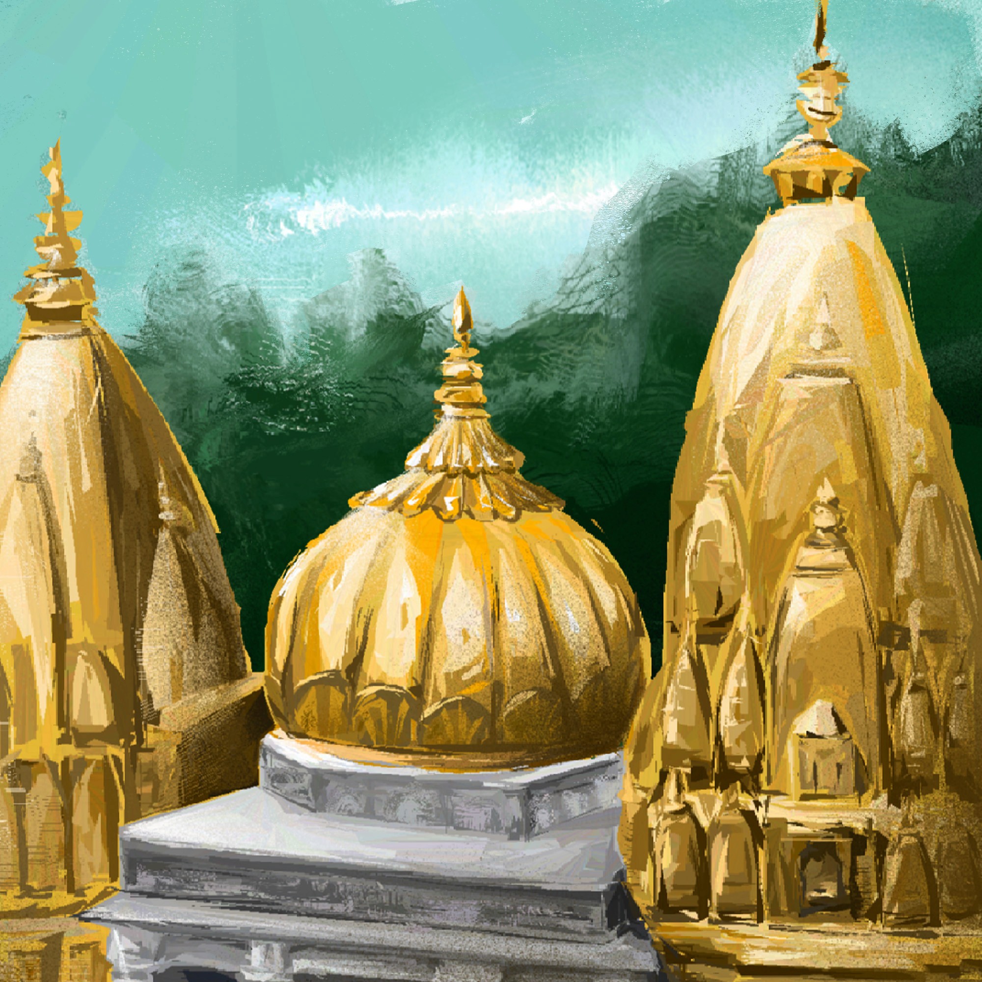 Editorial illustration by Riya Kumari of the golden spires of the Kashi Vishwanath Temple in Varanasi against green hills
