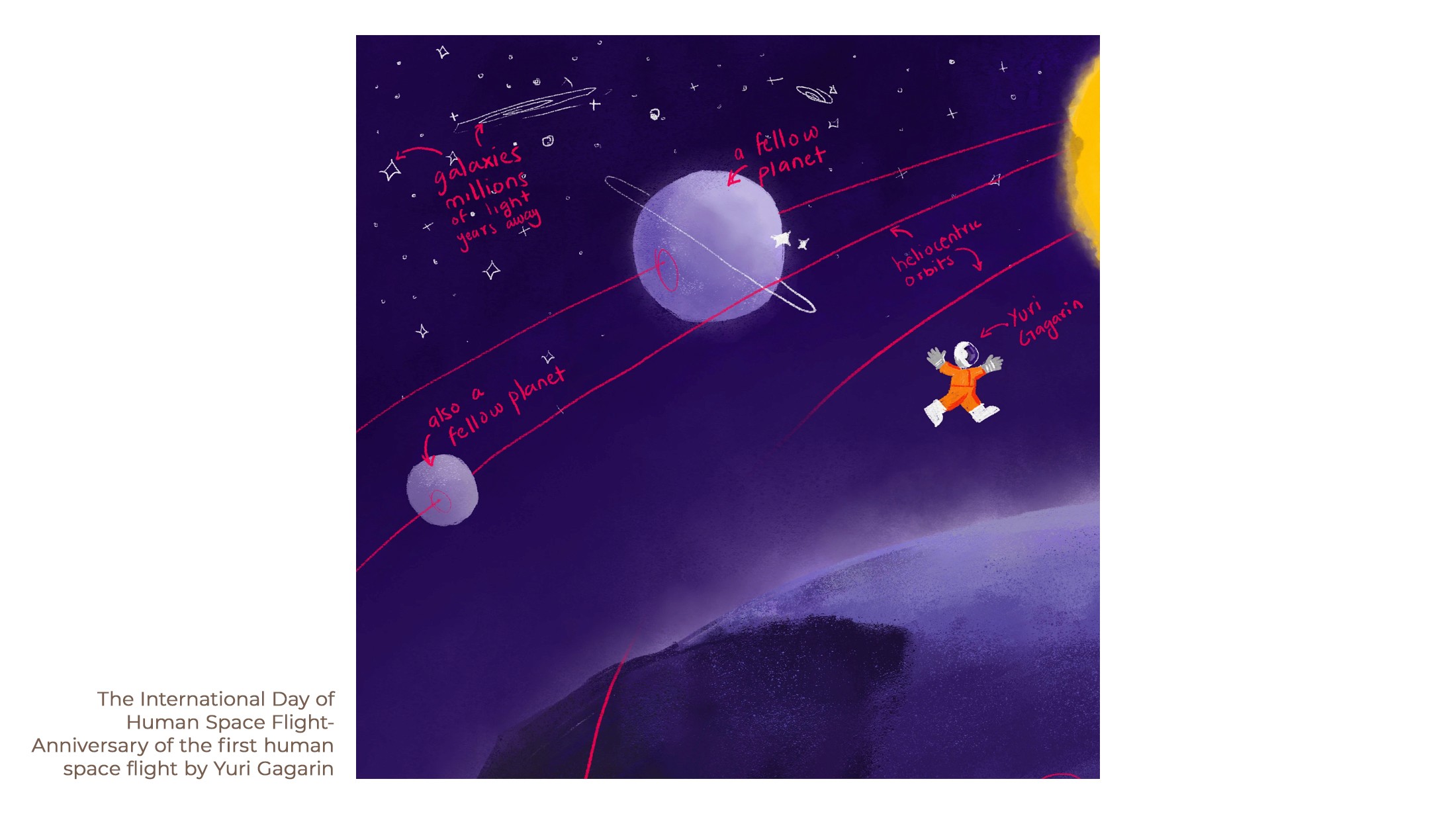 Illustration for the International Day of Human Space Flight: an astronaut drifting past planets, honouring Yuri Gagarin