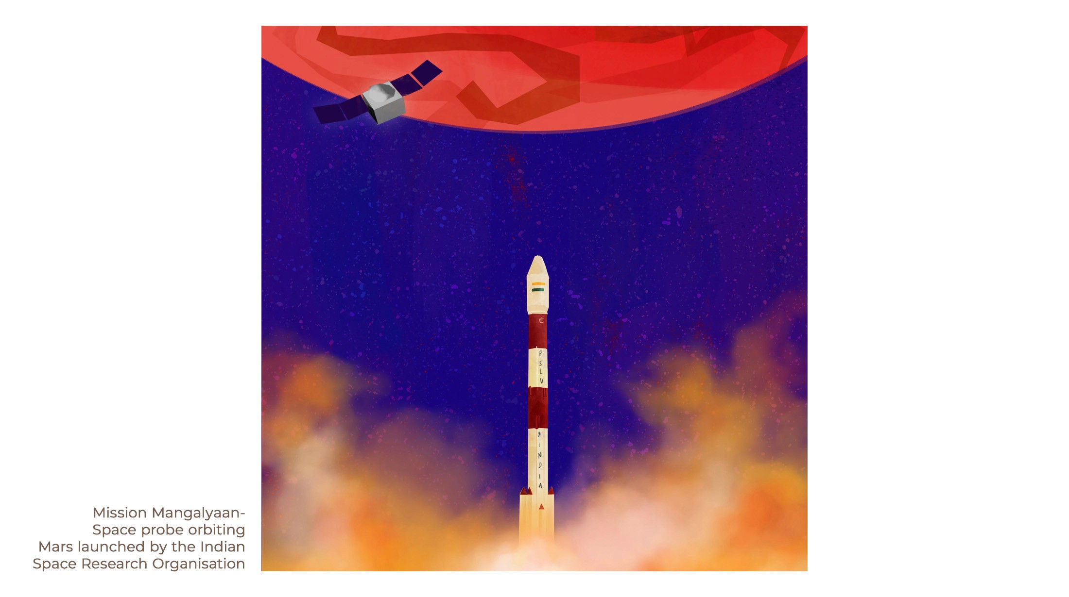 Mission Mangalyaan illustration: a rocket launching towards Mars as the orbiter circles the red planet
