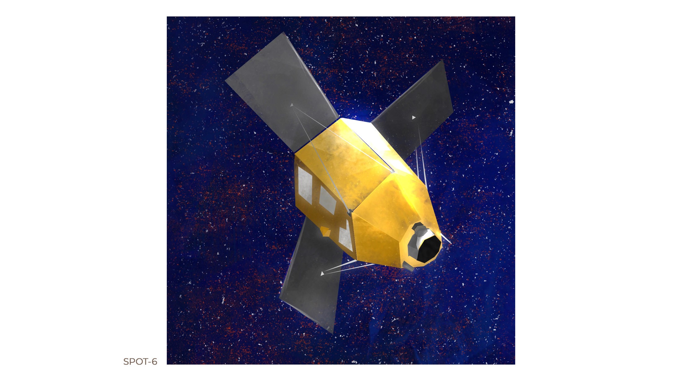 Illustration of the SPOT 6 satellite with its solar panels against a starry sky
