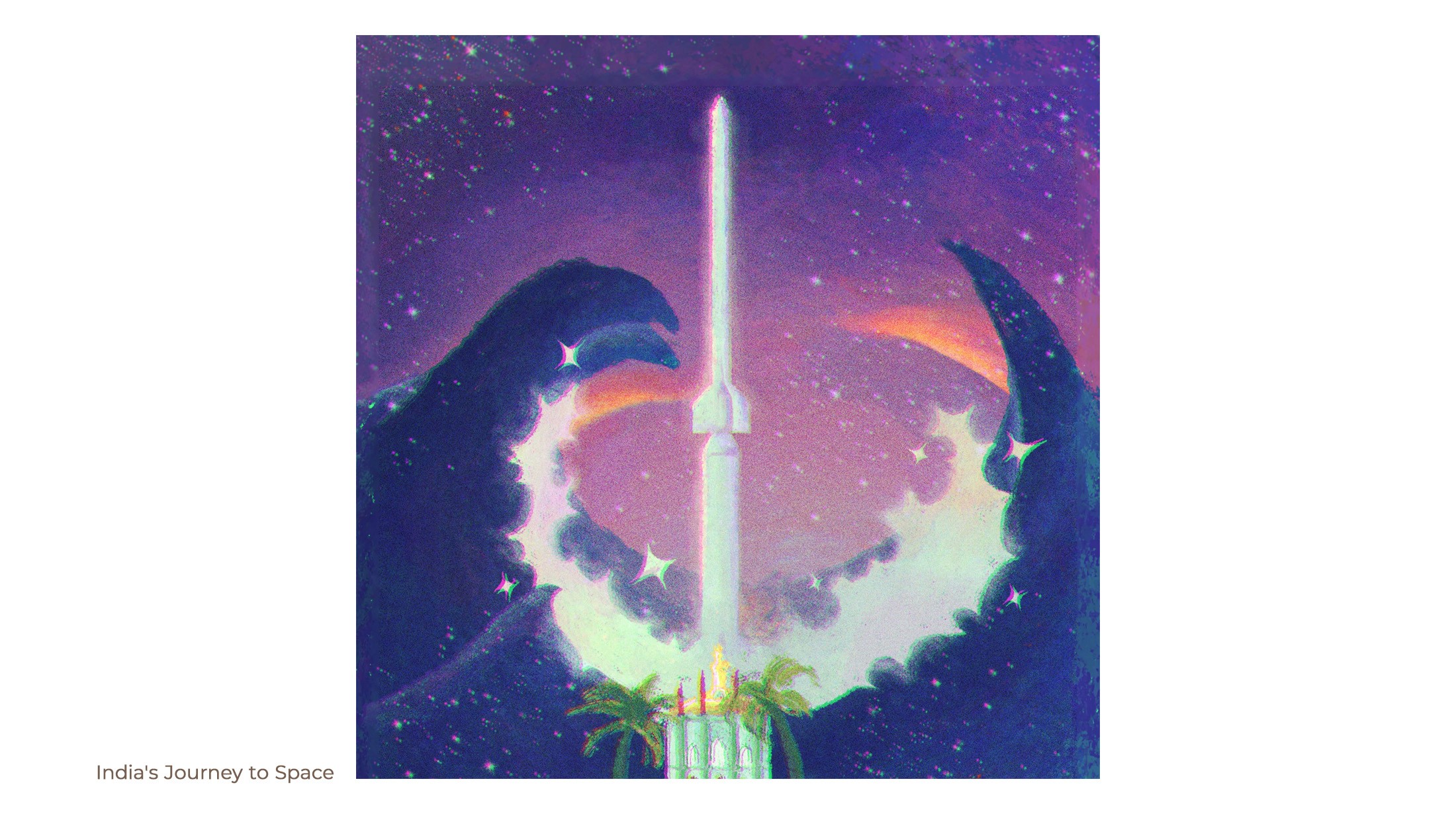 India's Journey to Space illustration: a rocket rising between two giant waves under a purple sky