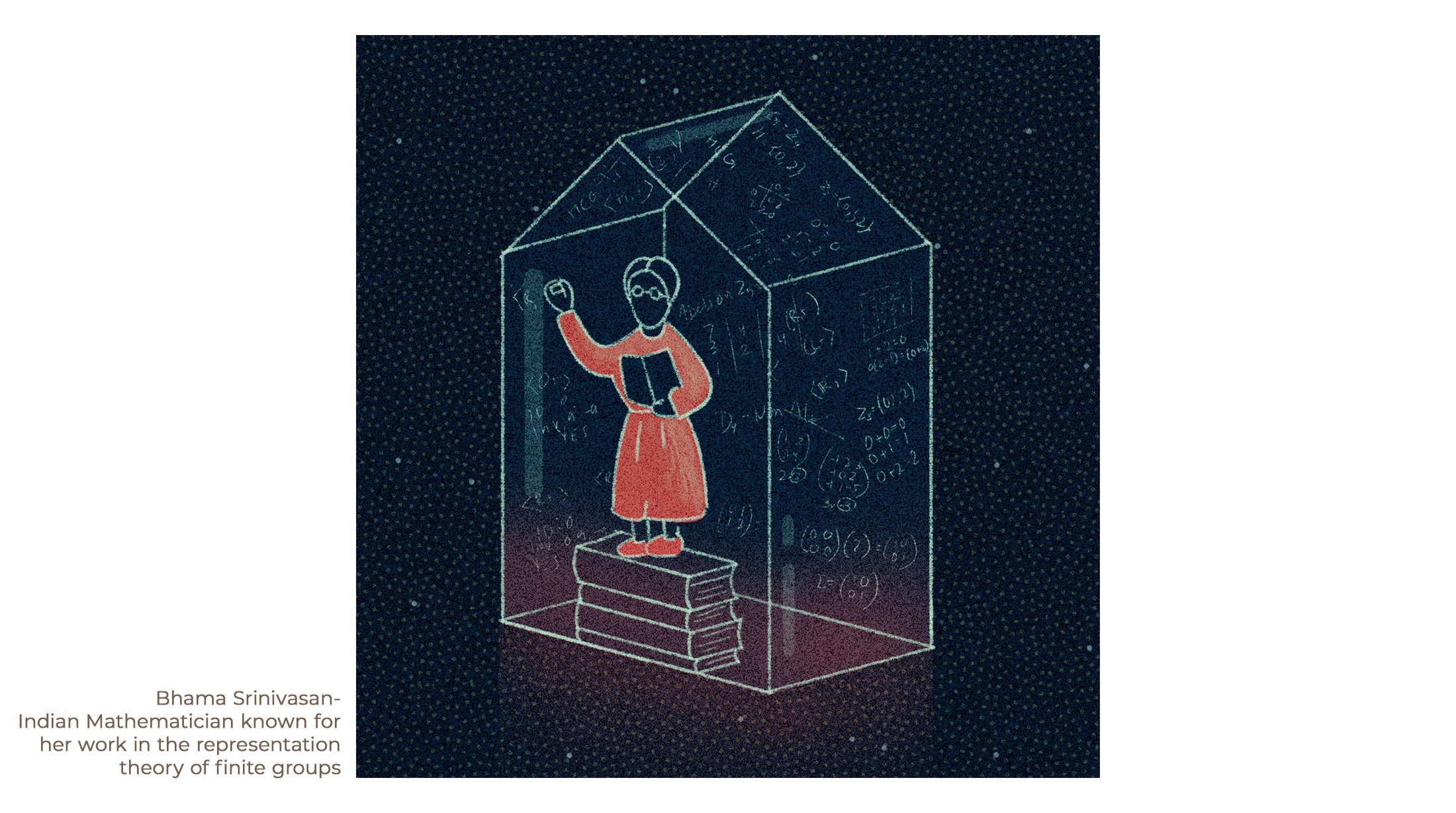 Illustration of mathematician Bhama Srinivasan standing in a glass house of equations