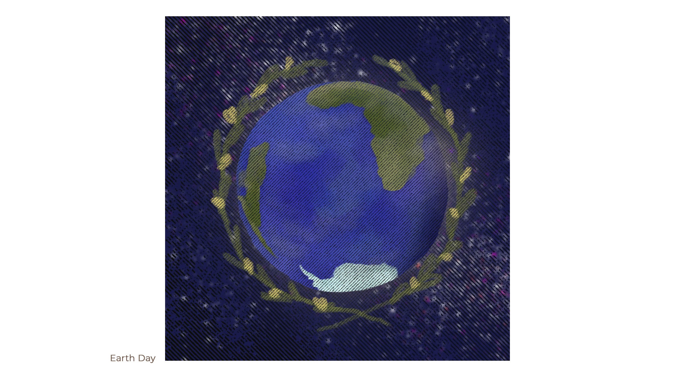 Earth Day illustration of the globe wrapped in a laurel wreath in space