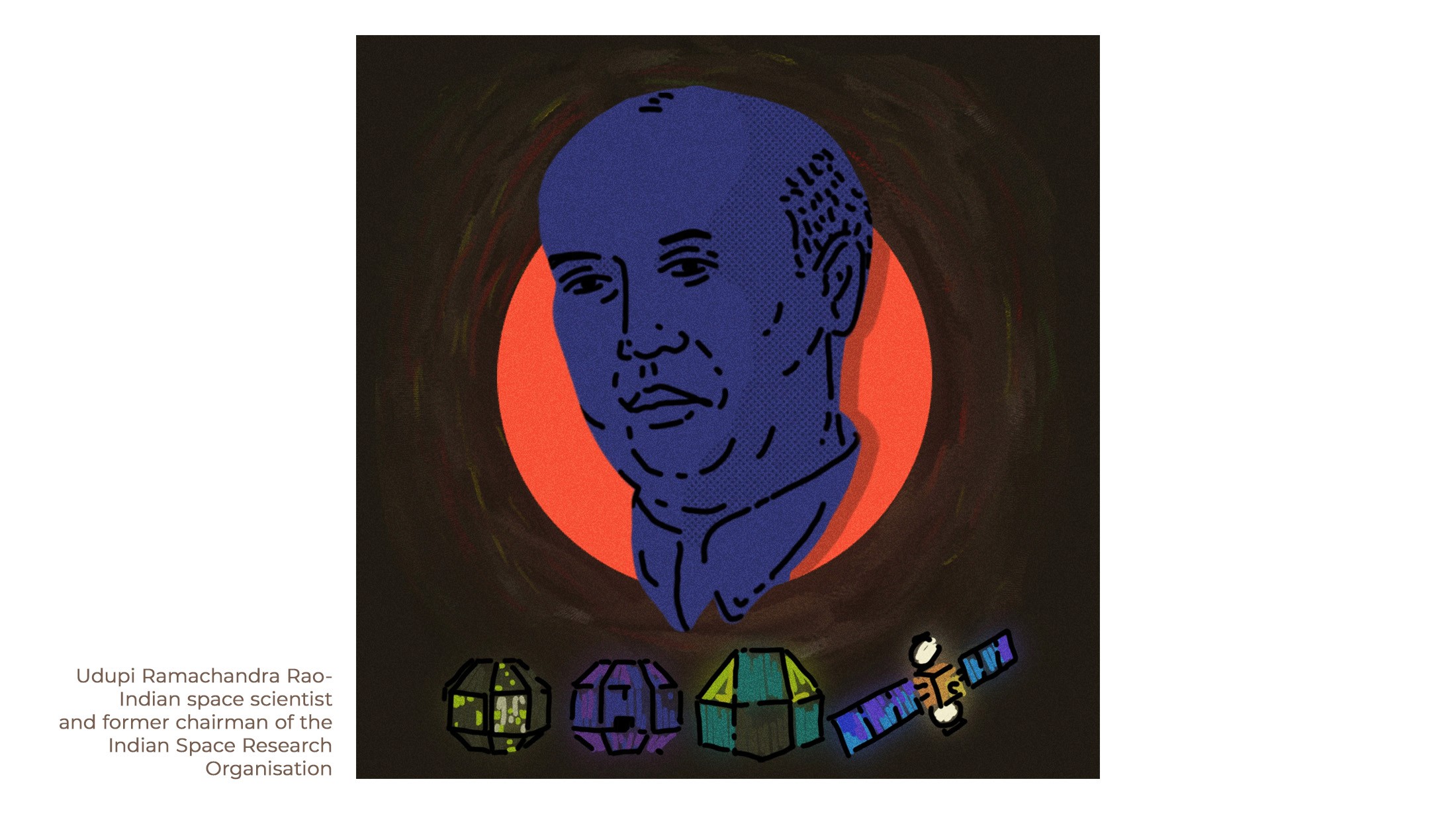 Portrait illustration of space scientist Udupi Ramachandra Rao in blue against a red sun, with satellites