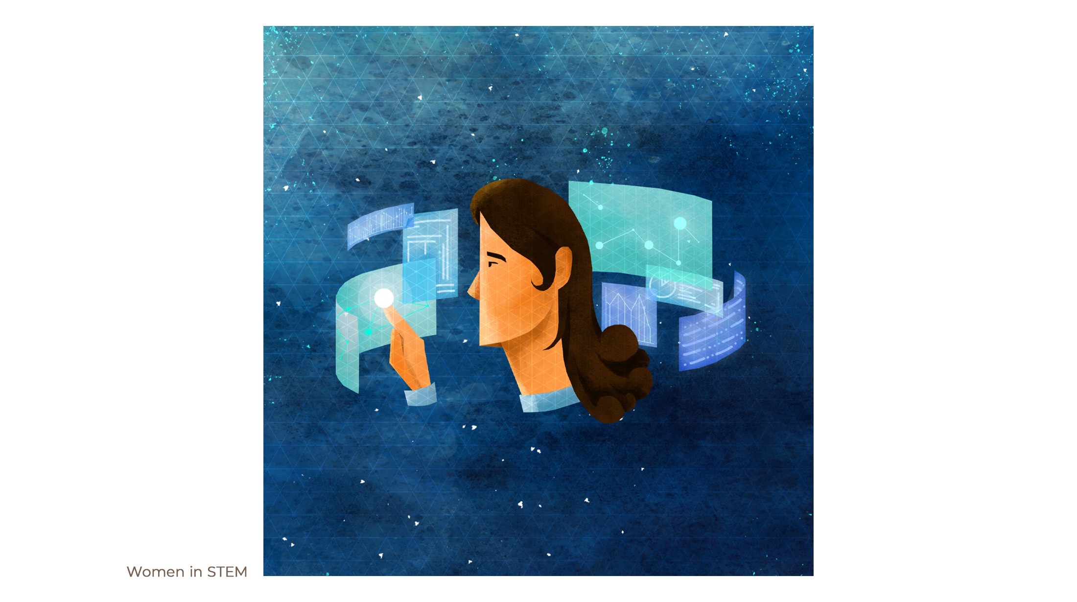 Women in STEM illustration of a scientist surrounded by glowing data screens