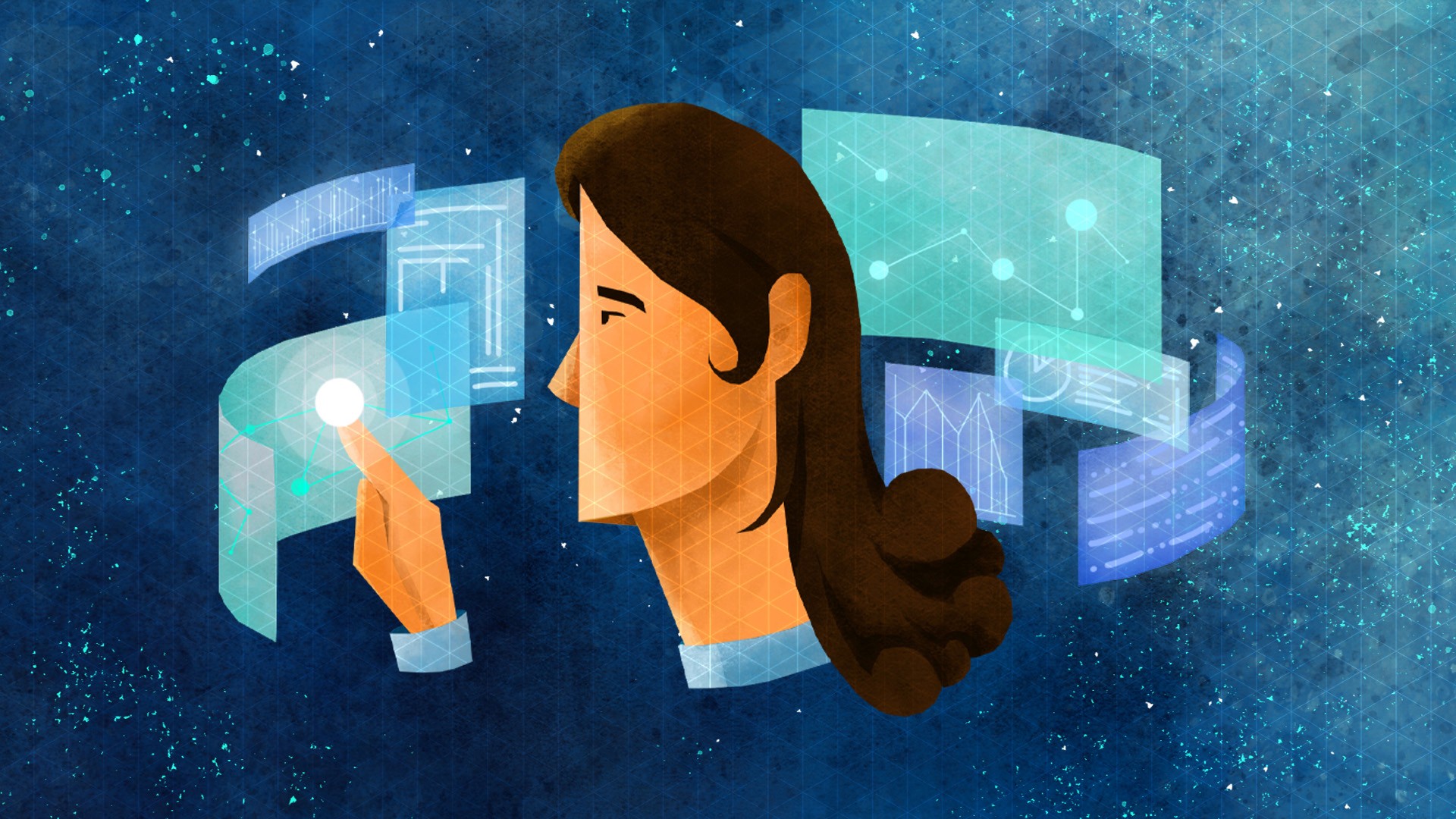 Women in STEM illustration by Riya Kumari: a woman touching floating holographic screens among the stars