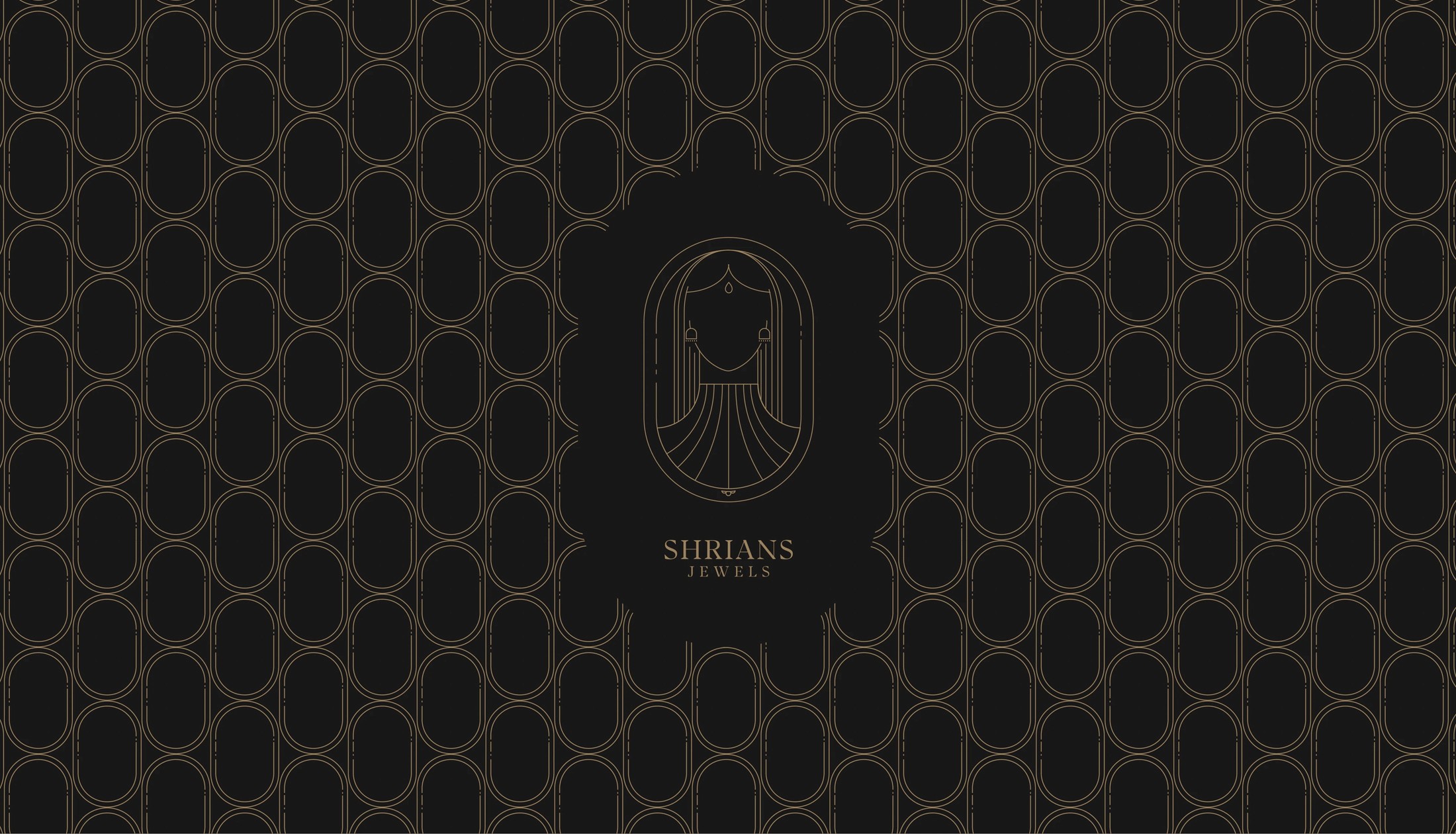 Shrians Jewels emblem centred on a black and gold geometric pattern