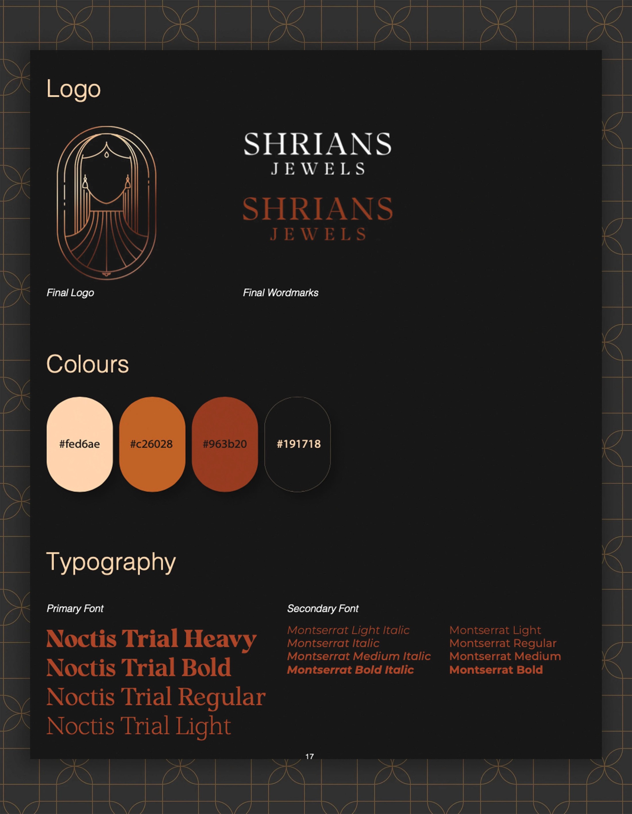 Shrians Jewels brand guide: arched bride logo, wordmarks, a peach-to-rust colour palette and Noctis typography