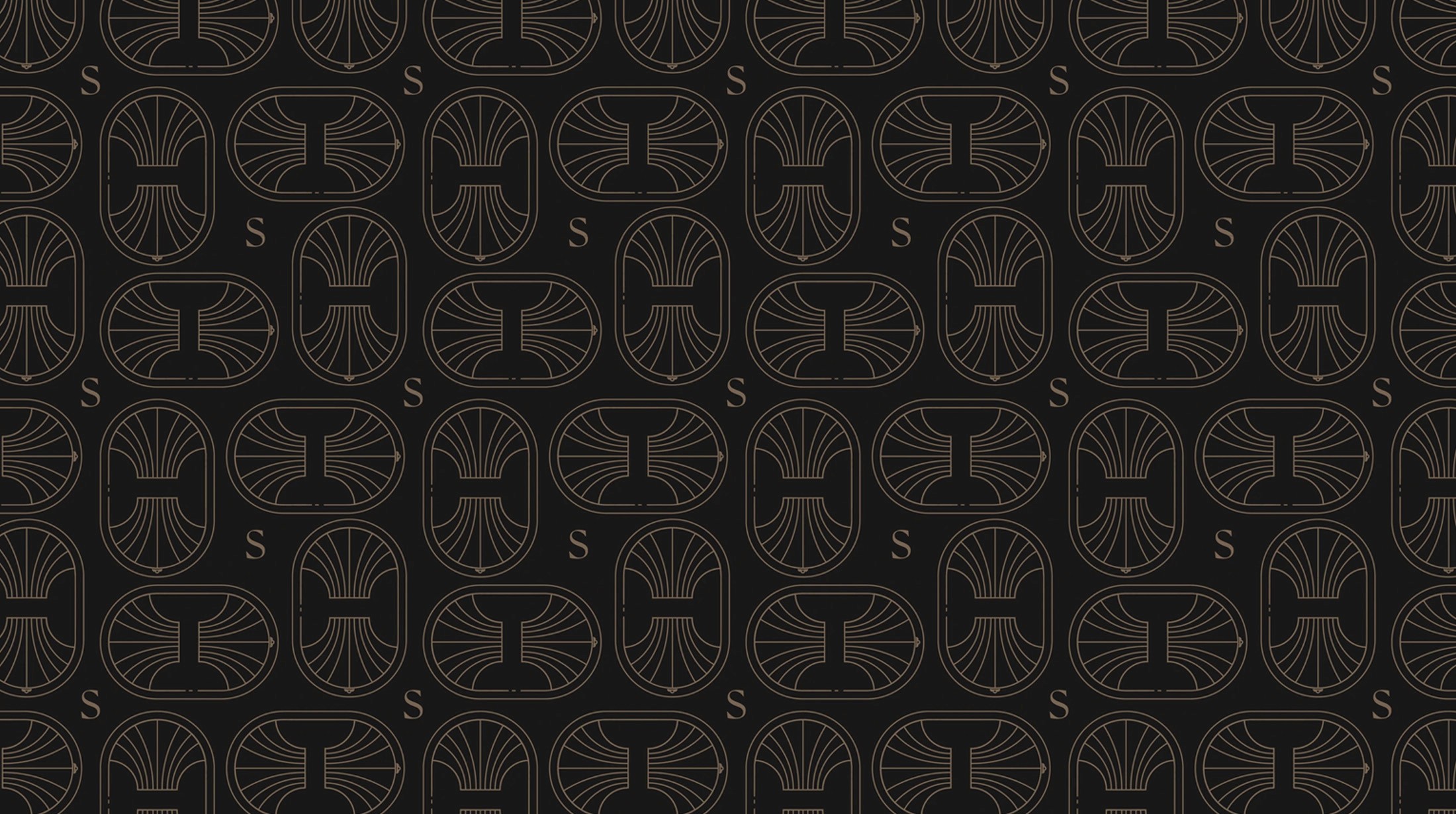 Shrians Jewels repeating pattern of gold arches and sunbursts on black